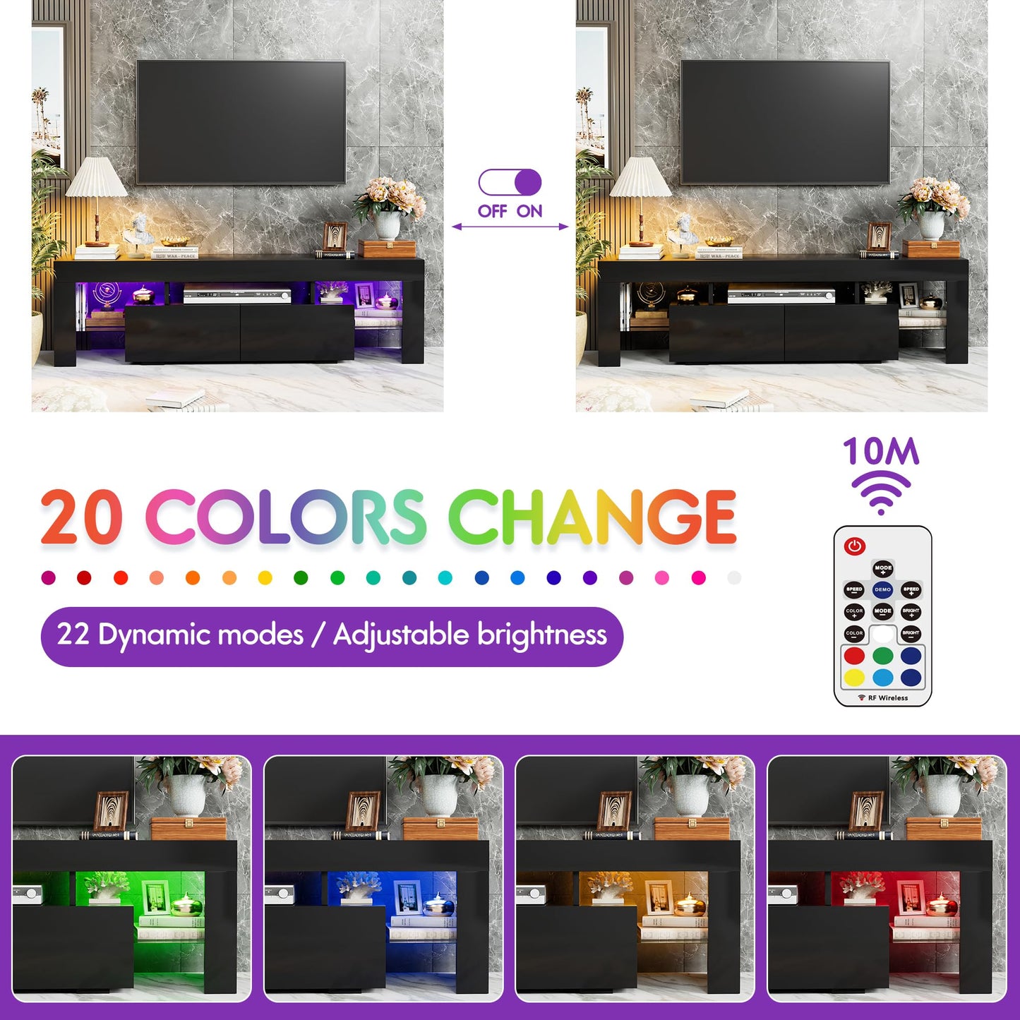 JUMMICO TV Stand, Modern Lighting TV Cabinet Entertainment Center Media and Open Shelf, TV Console Table with 1 Drawer and Remote Control, 20 Color LED Lights up to 70 Inch TV (White)