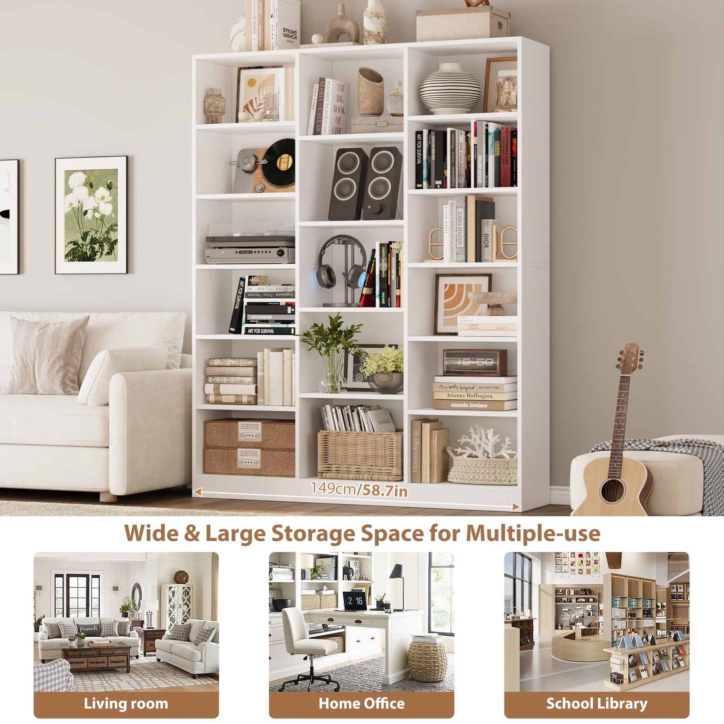 Triple Wide Bookshelf, 6 Tier Large Bookshelf, Bookcase with 17 Open Display Shelves, 74'' Tall Bookcases and Bookshelves for Living Room, Home Office, Library, White