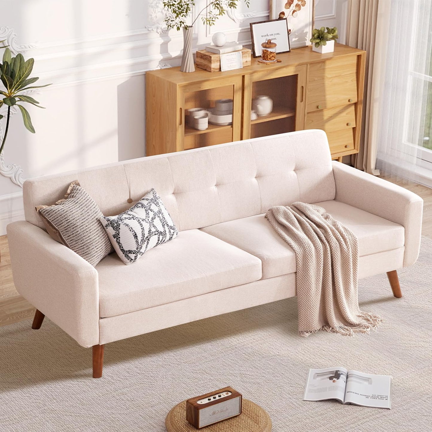 Tbfit 65" W Loveseat Sofa, Mid Century Modern Love Seat Couches for Living Room, Button Tufted Upholstered Small Couch for Bedroom, Solid and Easy to Install Love Seats Furniture, Grey