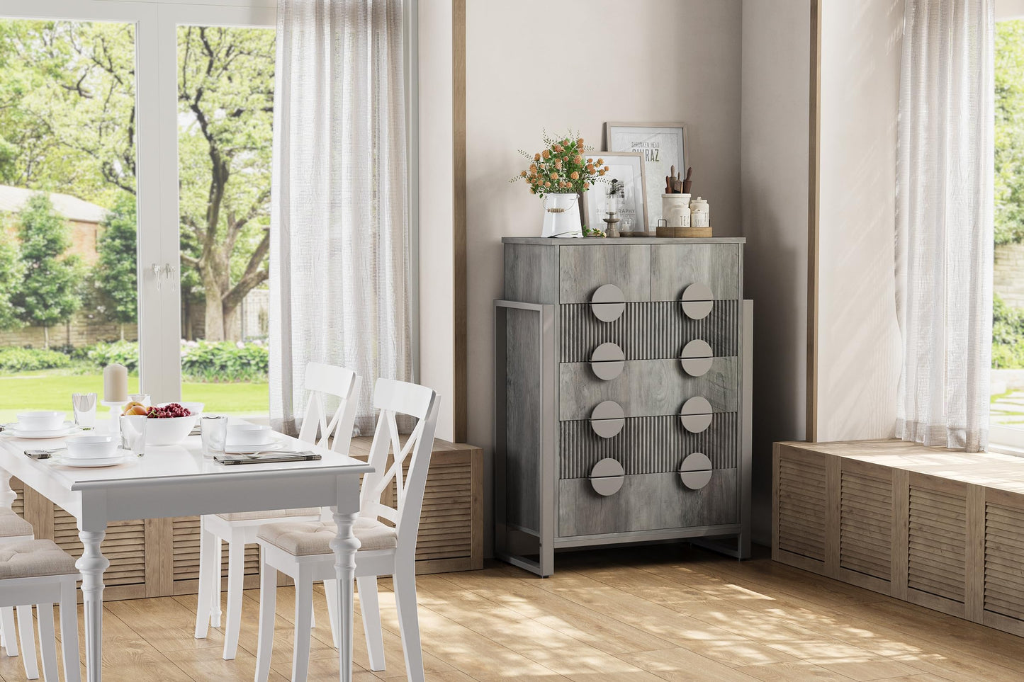 LGHM Fluted Gray Dresser for Bedroom, 50" Wide Chest of Drawers, Modern 6 Deep Drawers Dresser with Raised H Legs -Curved Profile Design, Easy Round Handles for Bedroom,Livingroom, Hallway, Gray