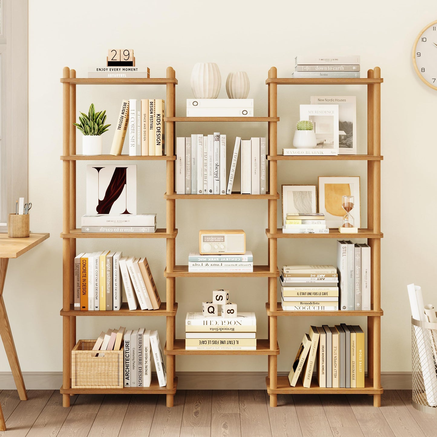 IOTXY Wooden Triple Wide Bookshelf - 5-Tier Large Shelf Bookcase with Solid Beech Frame, Tall Freestanding Open Etagere Display Rack for Home Office, Walnut