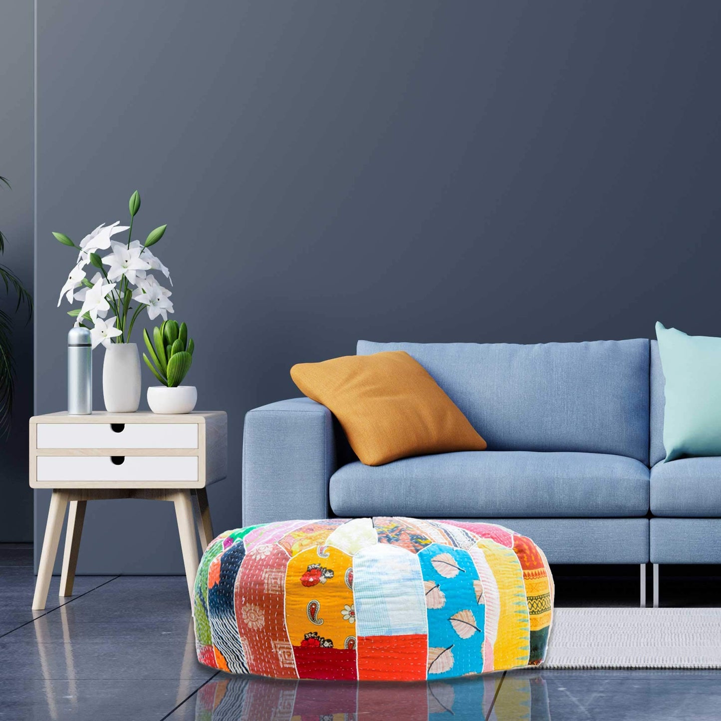 Large Round Floor Pillow Cover Blue Indian Décorative Accent Meditation Cushion Perfect for Living Room, Bedroom, Nursary or Children Room Seating Area Stool Footstool Pouf Ottoman 24x8 Unstuffed