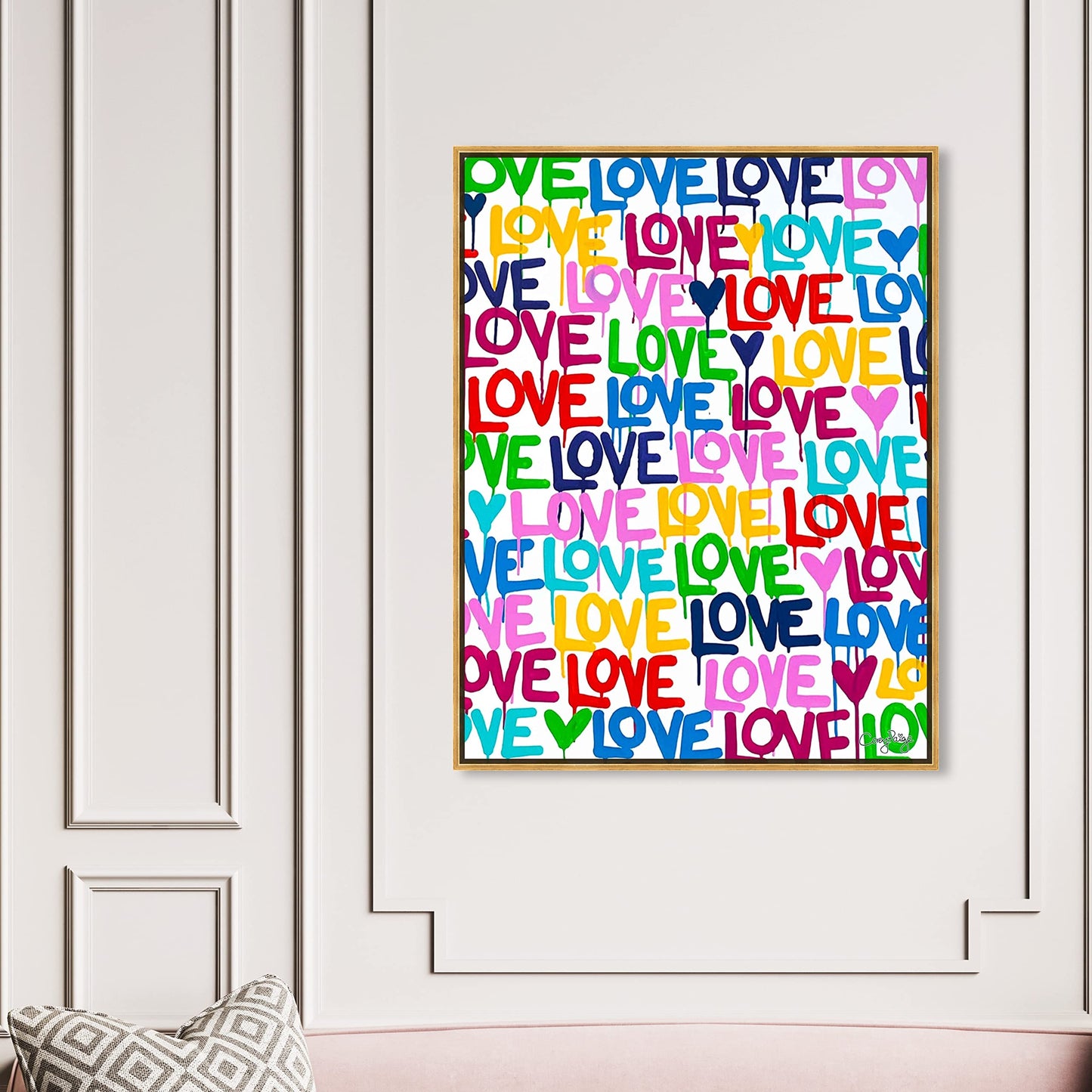 The Oliver Gal Artist Co. Abstract Modern Canvas Wall Art Corey Paige - Drippy Love Living Room Bedroom and Bathroom Home Decor 36 in x 45 in Blue and Pink, Gold Frame