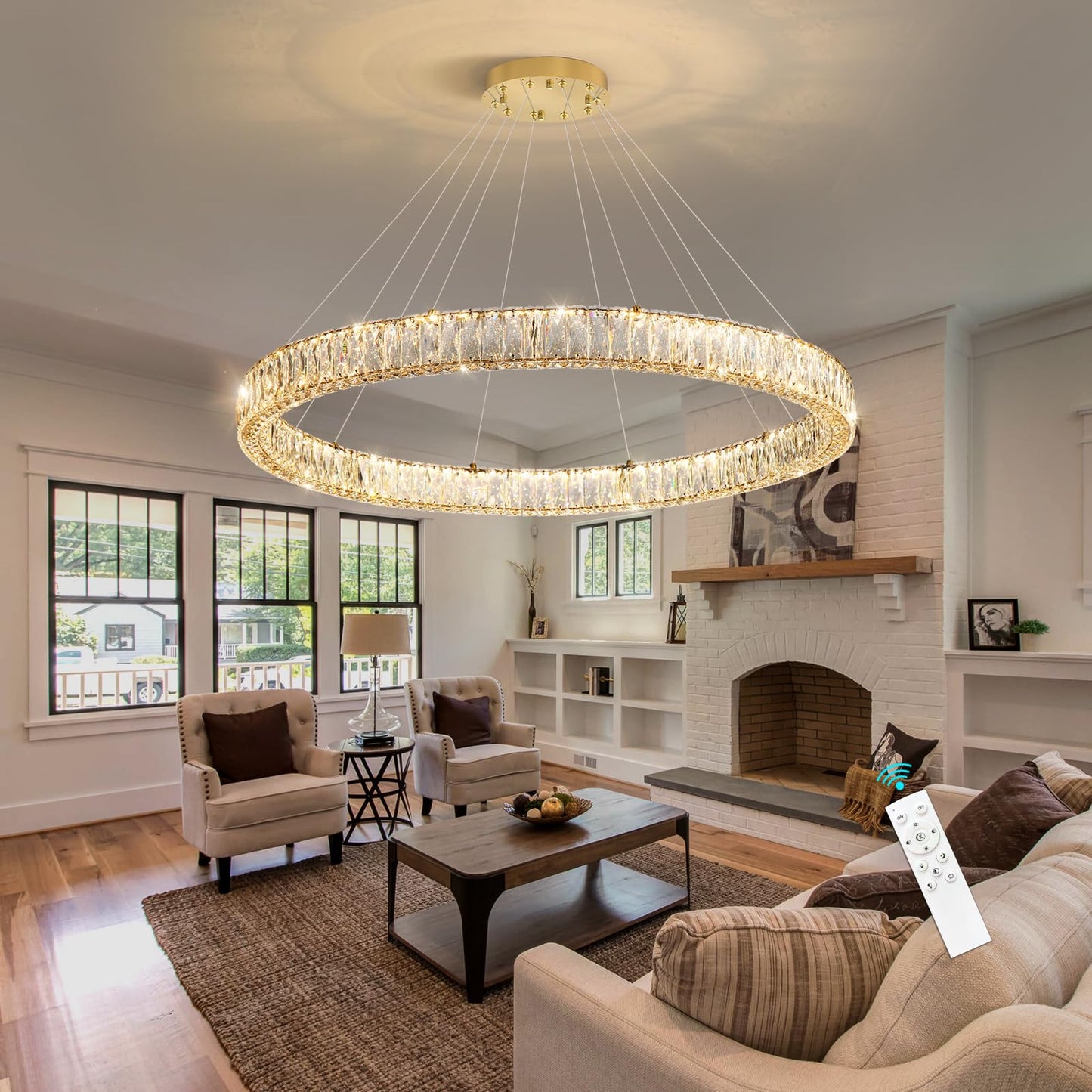 Modern Crystal Chandelier Dimmable LED Ring Pendant Lights Adjustable Glam Chandeliers Lighting Fixtures for Dining Room Living Room Bedroom Silver Light