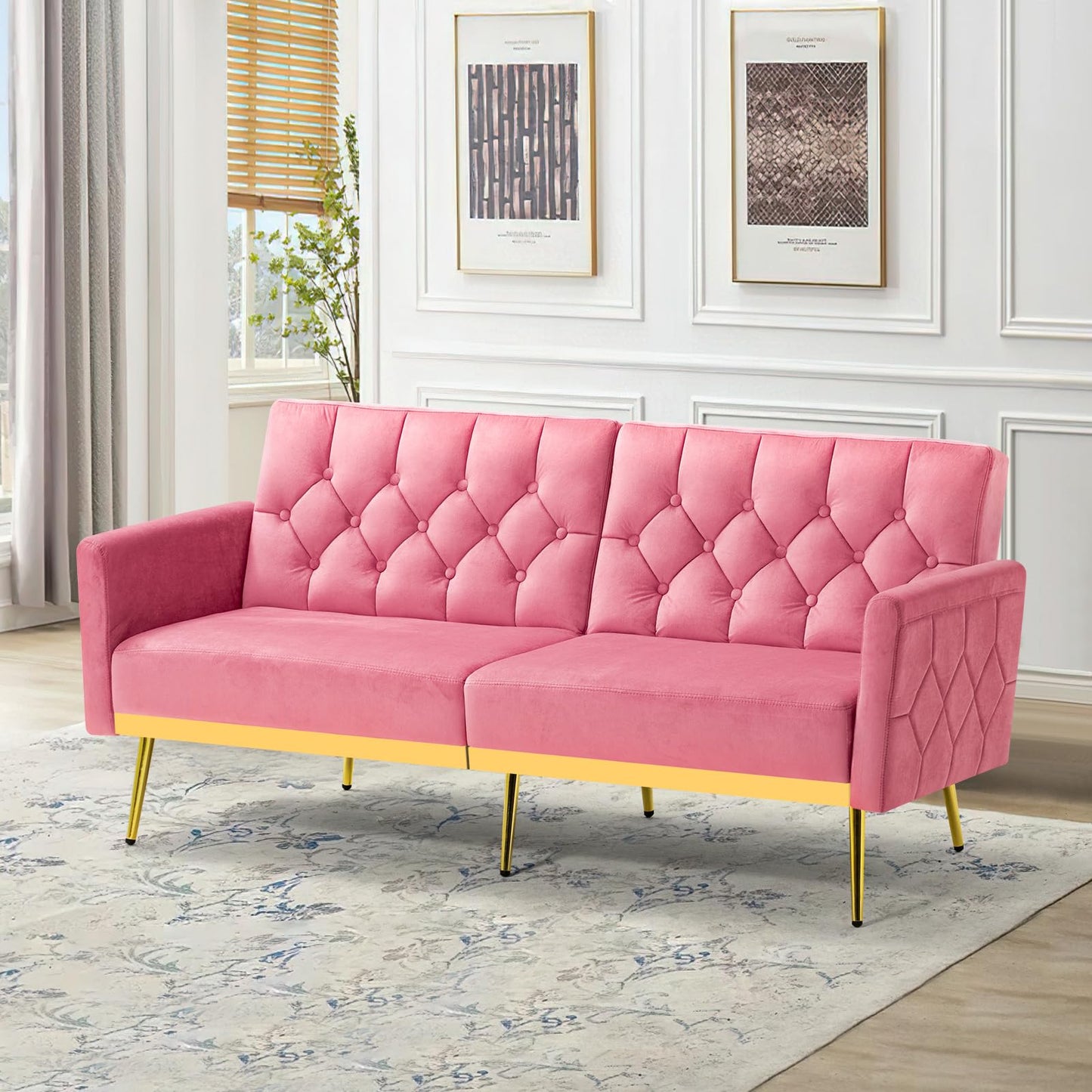 Velvet Sofa Bed w/Adjustable Armrests and Backrests, Modern Convertible Sleeper Sofa, Tufted Futon Sofa for Bedroom, Living Room, Apartment, Orange
