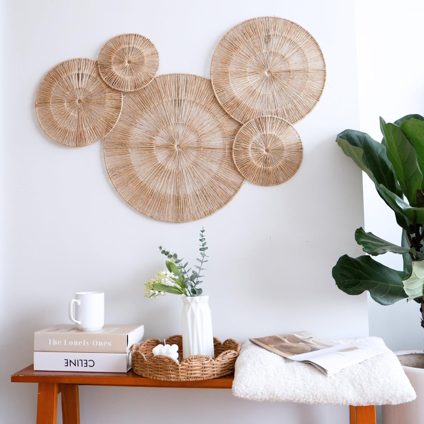 CHI AN 18 Inch Boho Wall Decor – Set of 5 Woven Jute Wall Baskets, Boho Wall Art & Decorative Basket Set, Farmhouse Wall Hanging, Handwoven Wall Plates for Living Room, Bedroom – 18", 14", 11", 8", 7"