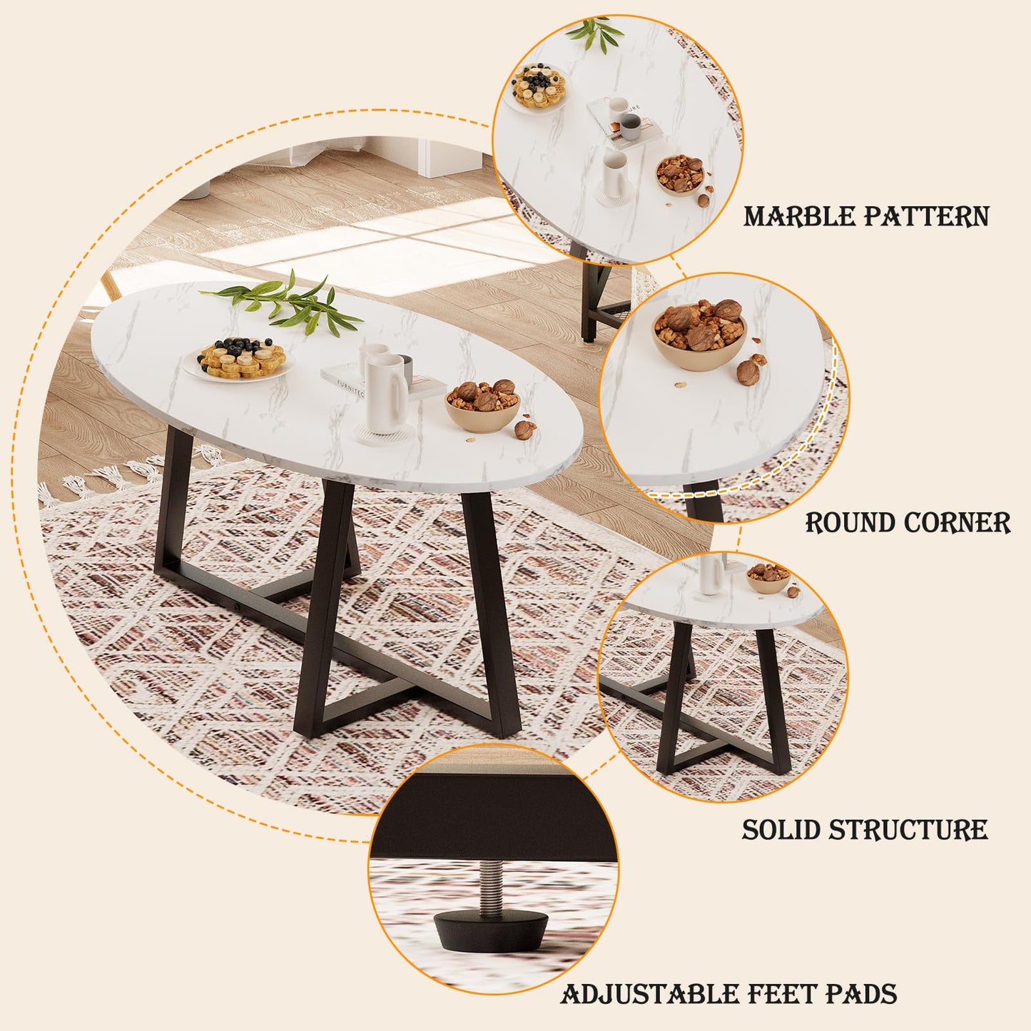 Coffee Table White Faux Marble Coffee Table for Living Room,Oval Center Tables Modern Tea Table for Small Space,Wooden Living Room Tables End Table with Sturdy Gold Metal Leg