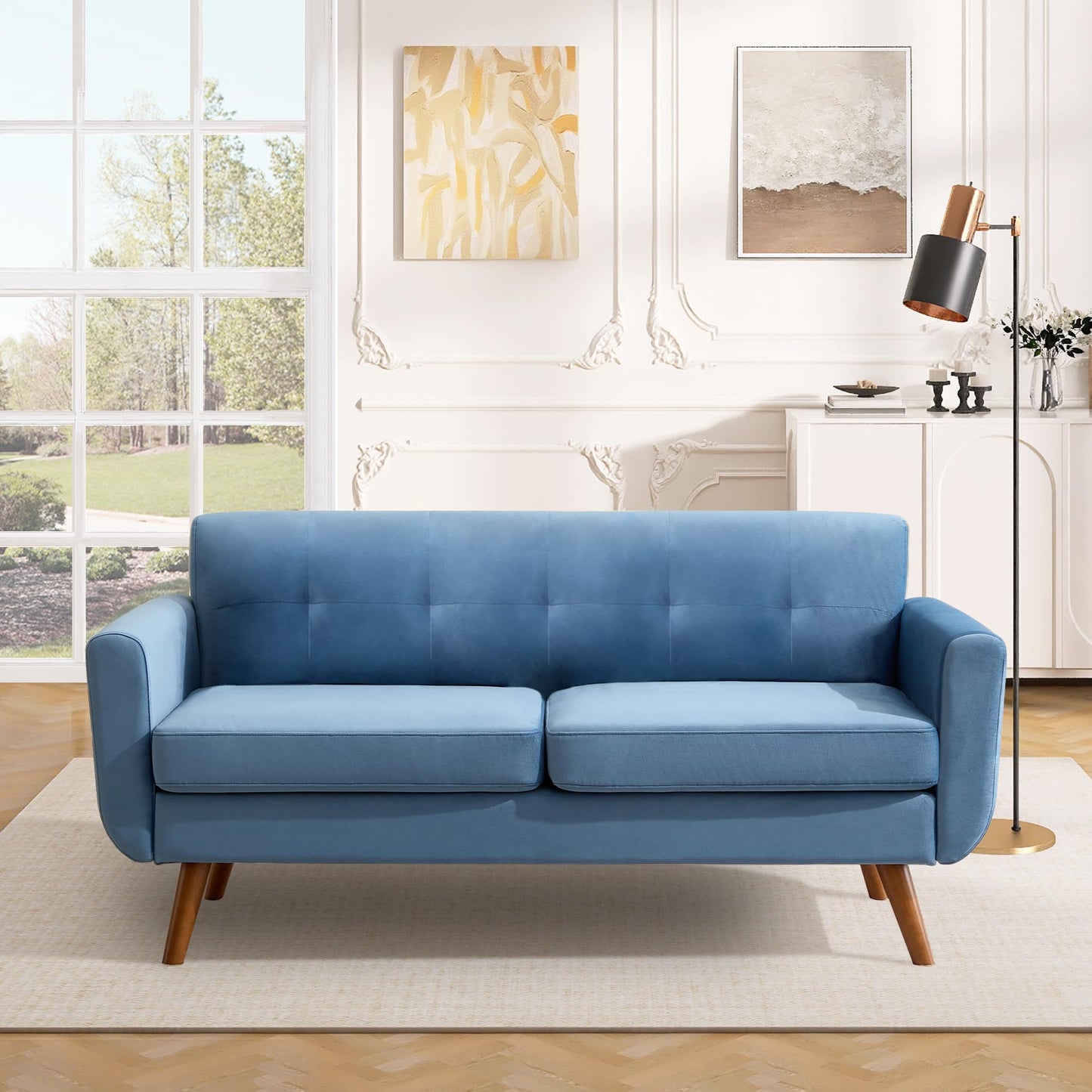 Tbfit 65" W Loveseat Sofa, Mid Century Modern Love Seat Couches for Living Room, Button Tufted Upholstered Small Couch for Bedroom, Solid and Easy to Install Love Seats Furniture, Grey