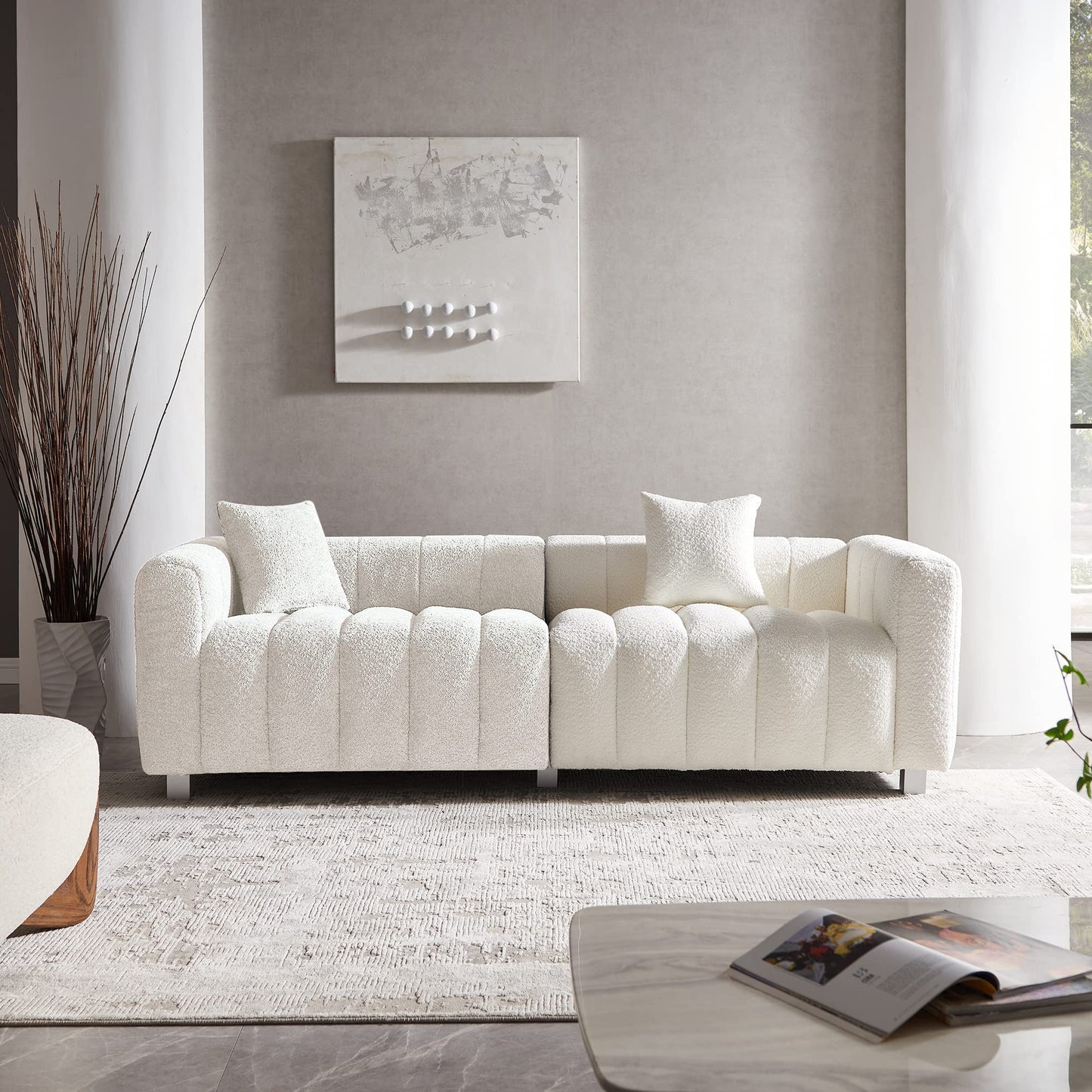 87.4" Modern 3 Seater Boucle Sofa Couch for Living Room, Mid Century Fluffy Couches with Solid Wood Frame and 6 Legs for Bedroom, Apartment, Weight Capacity 750 LBS (White)
