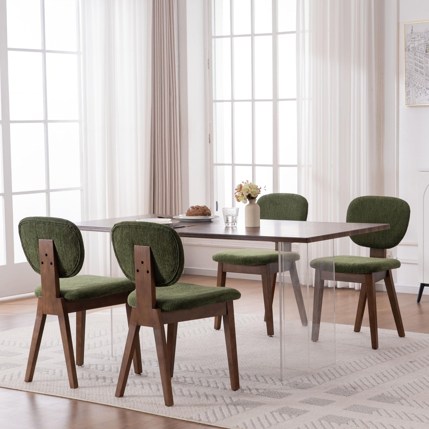 VKNOW Wooden Dining Chairs Set of 4, Mid Century Modern Upholstered Kitchen Side Chairs, Chenille Dining Room Chair with Curved Seat Backrest for Home Dining Room,Green