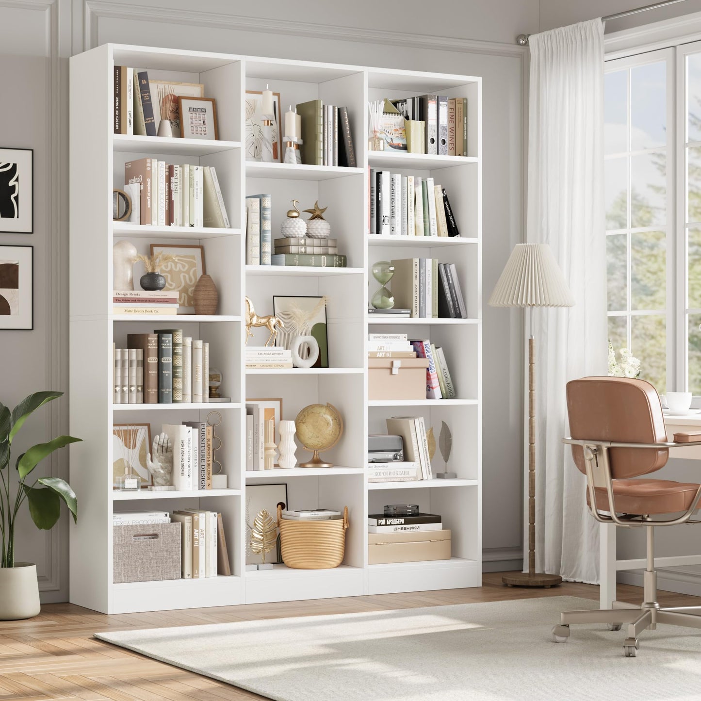 Triple Wide Bookshelf, 6 Tier Large Bookshelf, Bookcase with 17 Open Display Shelves, 74'' Tall Bookcases and Bookshelves for Living Room, Home Office, Library, White