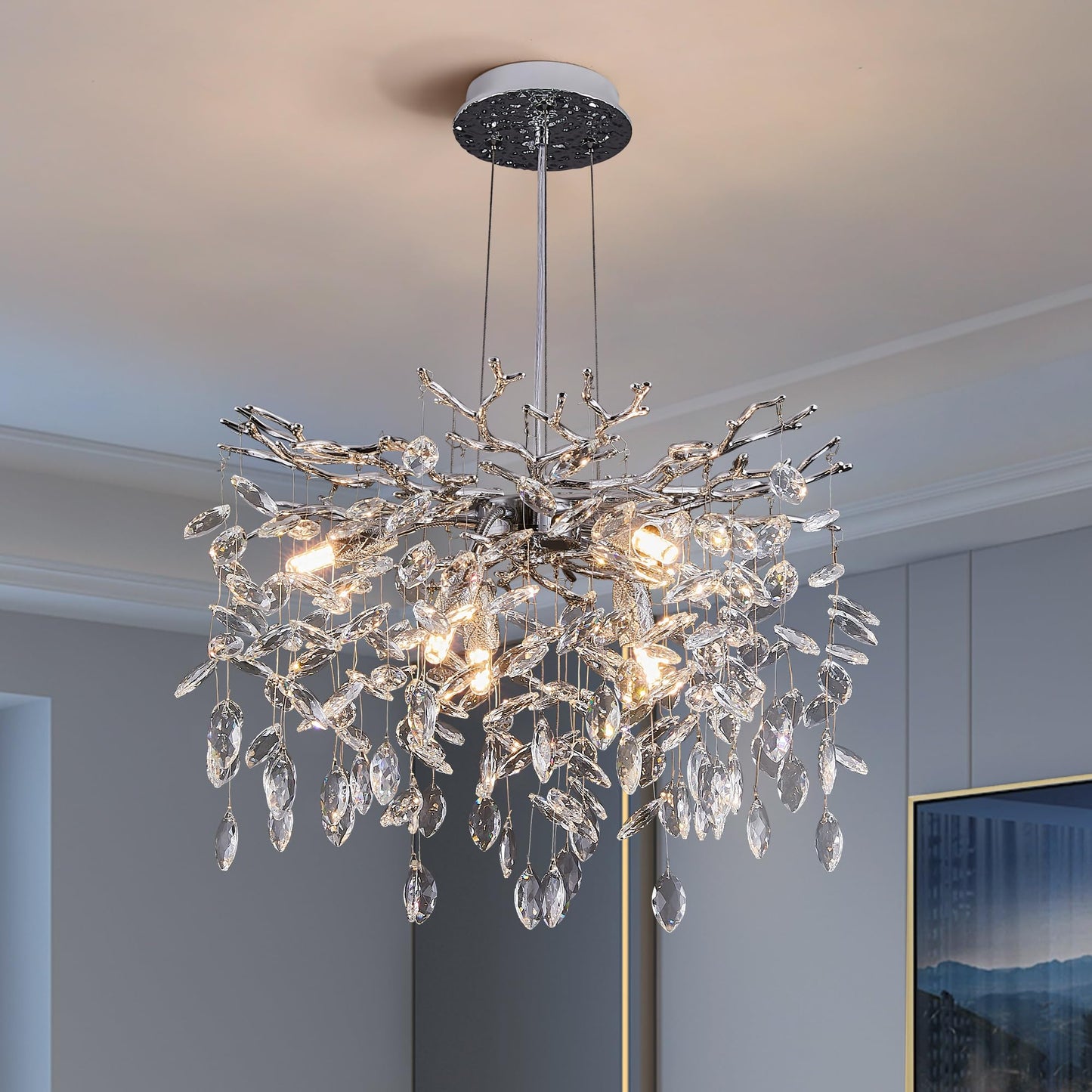 Modern Tree Branch Crystal Chandelier Luxury Silver Crystal Pendant Lighting 18" Contemporary 6-Light Chandeliers for Dining Room Kitchen Bedroom Living Room