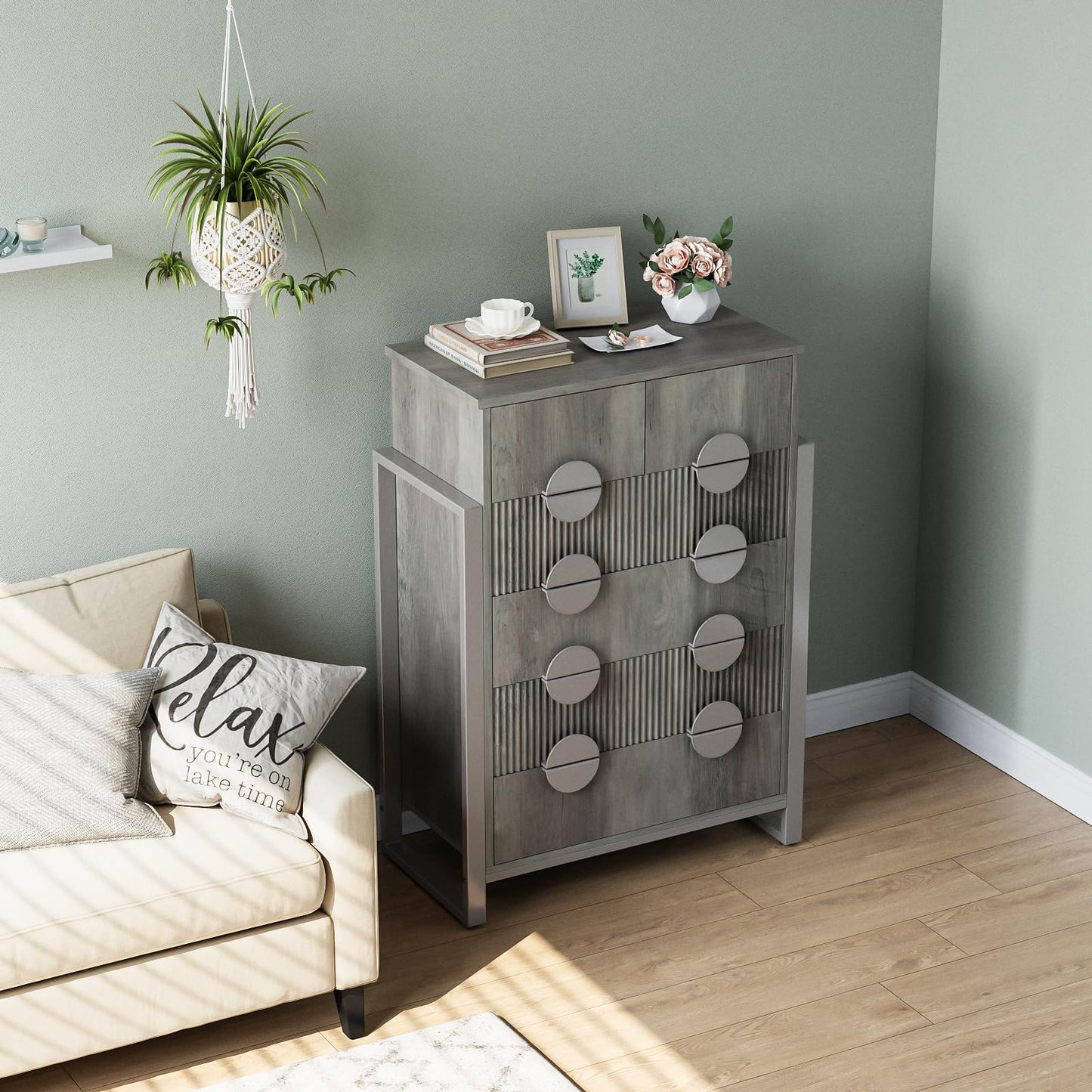 LGHM Fluted Gray Dresser for Bedroom, 50" Wide Chest of Drawers, Modern 6 Deep Drawers Dresser with Raised H Legs -Curved Profile Design, Easy Round Handles for Bedroom,Livingroom, Hallway, Gray