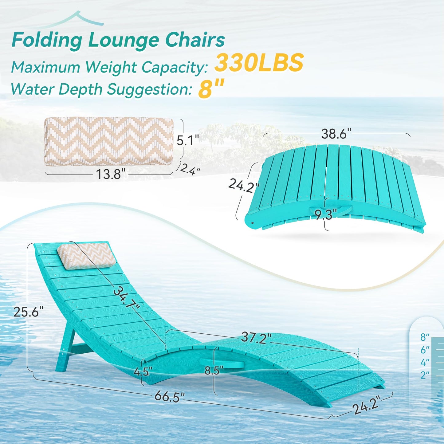 Folding Pool Lounge Chairs Set of 2, HDPS Anti-Floating Lounge Chairs for in-Pool Use, Chairs with Headrest for Hotel, Resort, Poolside, Beach & Sun Decks, Yellow