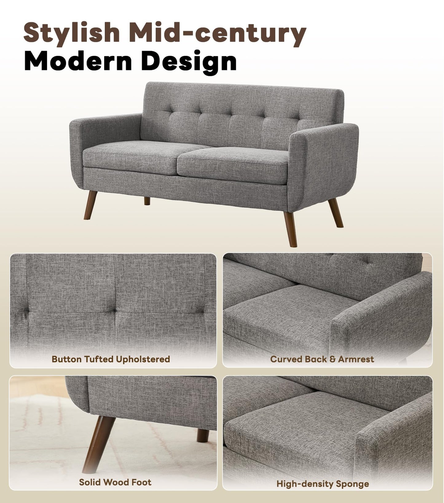 Tbfit 65" W Loveseat Sofa, Mid Century Modern Love Seat Couches for Living Room, Button Tufted Upholstered Small Couch for Bedroom, Solid and Easy to Install Love Seats Furniture, Grey