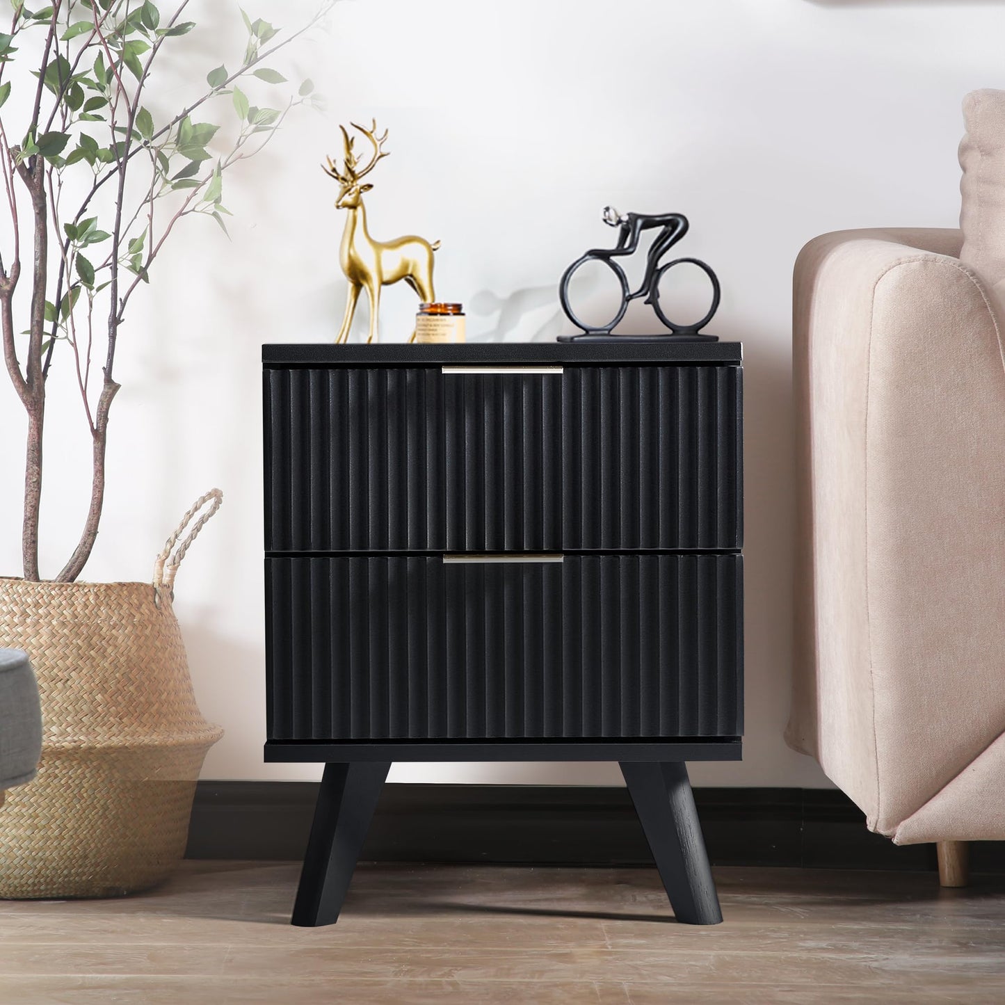 Fluted Nightstand Set of 2, Mid Century Modern 2 Drawer Dresser for Bedroom, Small Dresser Night Stand Side Table End Table with Wood Fluted Drawer Storage for Bedroom Closet(Walnut)