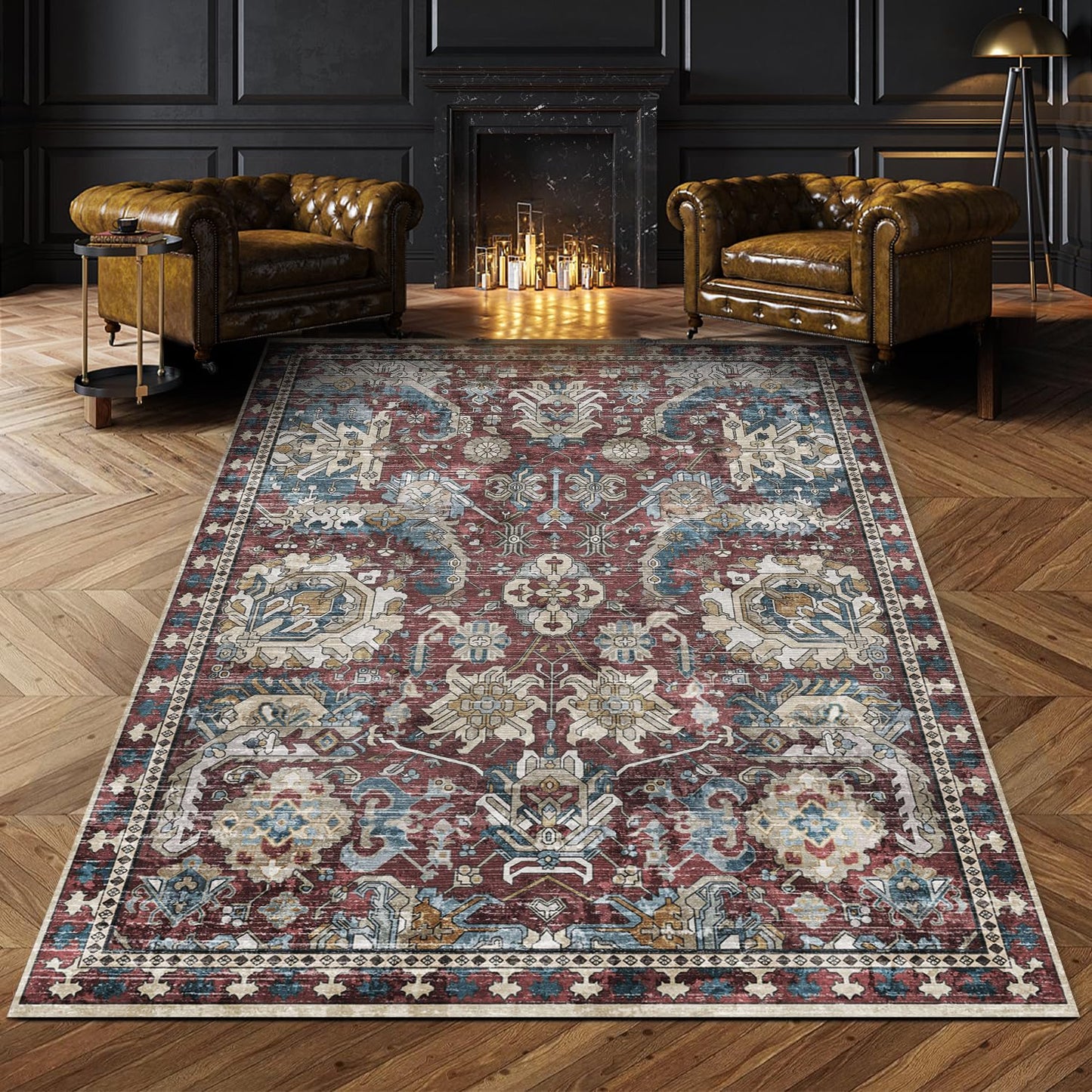 Washable Area Rugs - Perfect for Living Room, Bedroom, Kids Room, Nursery - Stain & Water Resistant Non-Slip, Pet & Child Friendly, Vintage Tribal Area Rugs (Navy, 9' x 12')
