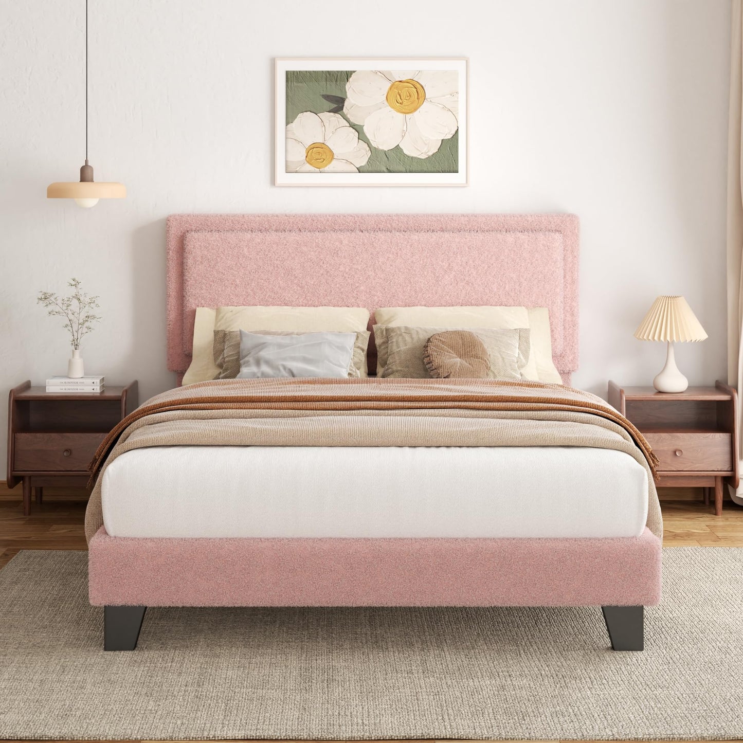 King Size Bed Frame and Headboard, Boucle Upholstered Platform Cloud Bed Frame with Headboard, Soft Teddy Fabric, Modern Style, No Box Spring Required, Easy Assembly, Blue-Black