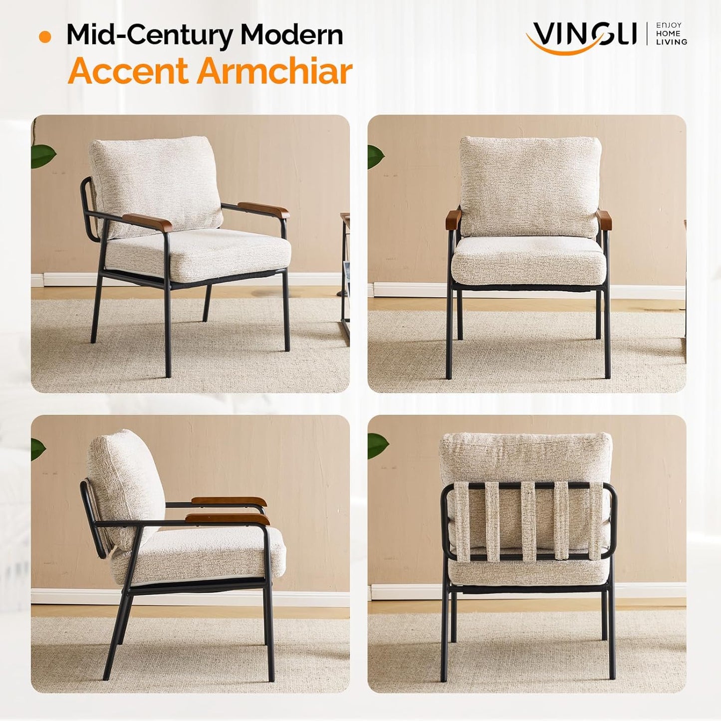 VINGLI Mid-Century Modern Accent Armchiar for Small Space, Small Comfy Upholstered Leisure Reading Chair with Wood Armrest for Bedroom, Living Room, Waiting Room, Linen Teal