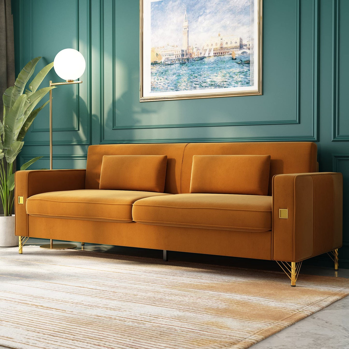 85.63" Velvet Sofa,Modern Loveseat Couch with Pillows Set of 2 for Living Room,Bedroom,Apartment Furniture with Gold Metal Legs (Green)
