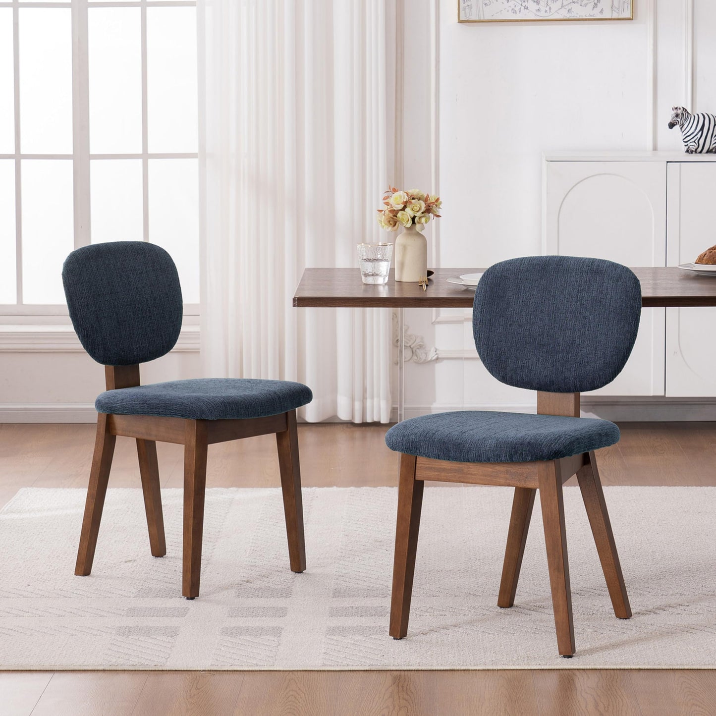 VKNOW Wooden Dining Chairs Set of 4, Mid Century Modern Upholstered Kitchen Side Chairs, Chenille Dining Room Chair with Curved Seat Backrest for Home Dining Room,Green