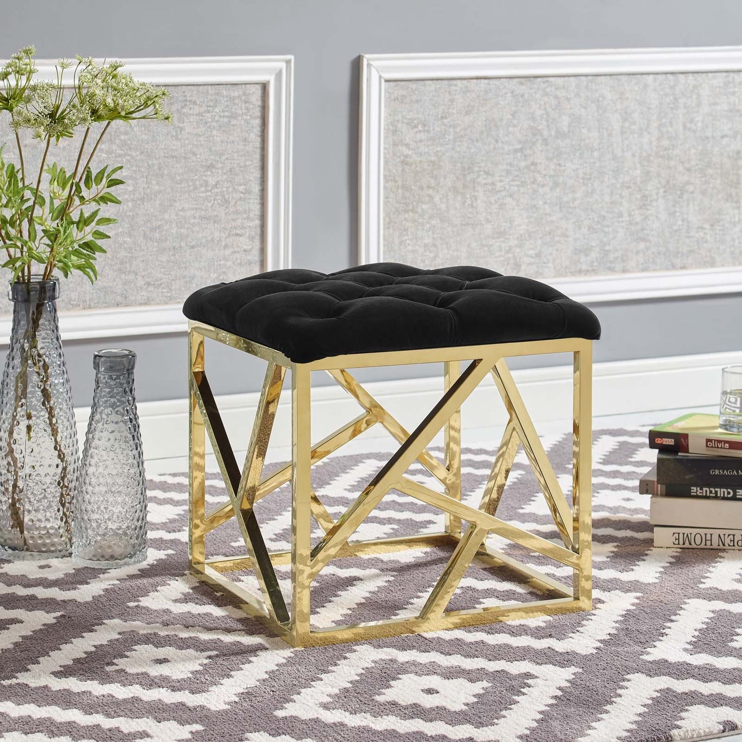 Modway intersperse Button-Tufted Contemporary Modern with Metallic Frame, Bench, Silver Gray