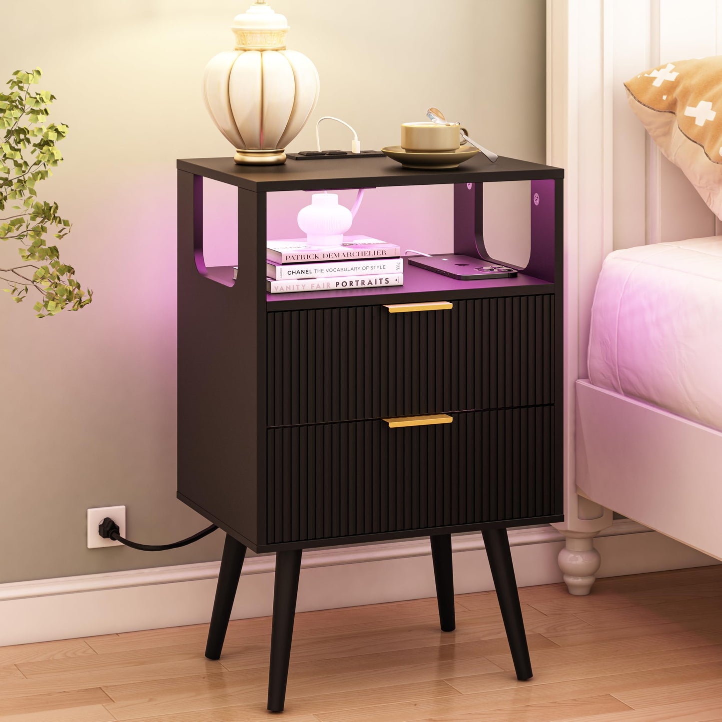 Nightstand with Charging Station and LED Lights,Modern Bedside Table with 2 Storage Drawer and Open Wood Shelf, for Bedroom and Small Spaces,Night Stand with Solid Wood Legs,GreyOak
