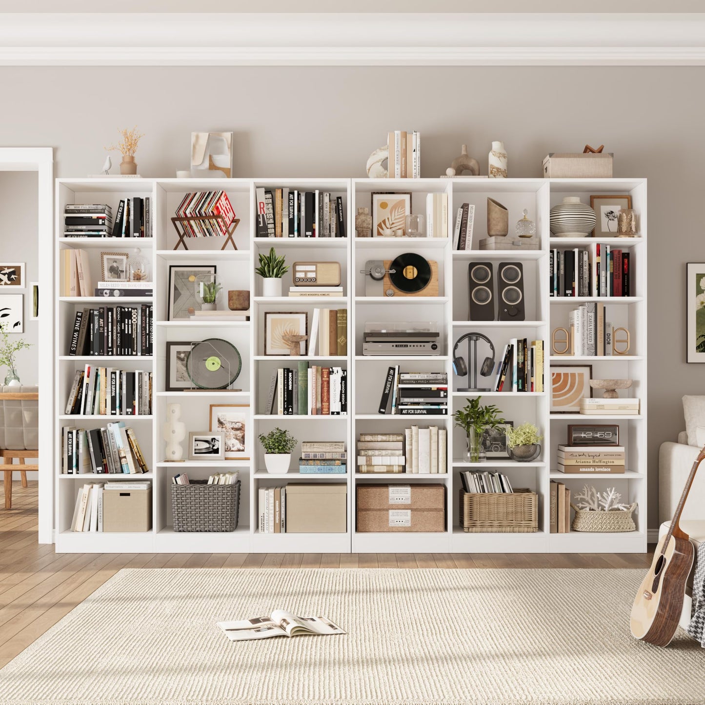 Triple Wide Bookshelf, 6 Tier Large Bookshelf, Bookcase with 17 Open Display Shelves, 74'' Tall Bookcases and Bookshelves for Living Room, Home Office, Library, White