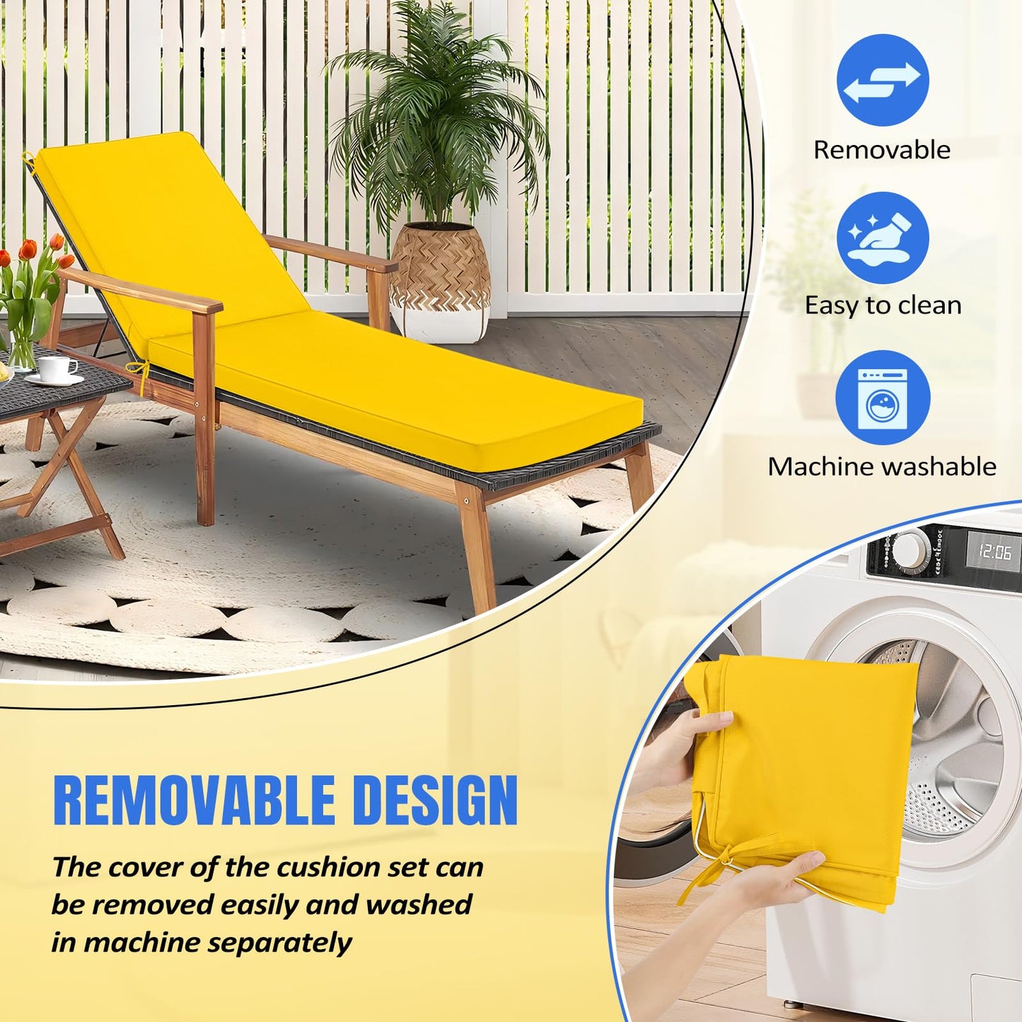 Basic Beyond Chaise Lounge Cushions Outdoor, 3-Layer Waterproof Outdoor Furniture Cushions with Removable Cover and 4 Ties, 72"x21"x3" Patio Lounge Chair Cushions for Outdoor Furniture, Yellow