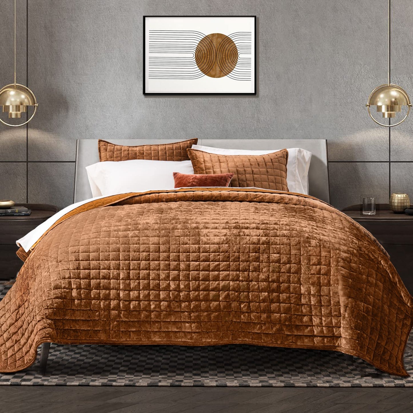 RECYCO Luxury Velvet Quilt Set King Size, Lightweight Velvet Comforter Set, Oversized Bedspread Coverlet Quilted Bedding Set, with 2 Matching Pillow Shams, for All Season, Navy Blue