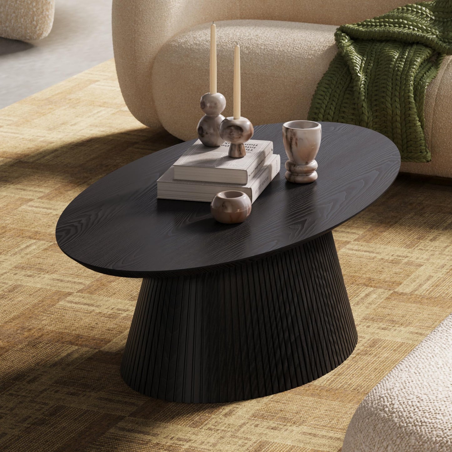 win2win Oval Coffee Table, Mid Century Modern Coffee Table with Fluted Design, Small Funky Tea Table with Wood Grain Veneer, Minimalist Center Table for Living Room, Apartment, Office, Walnut