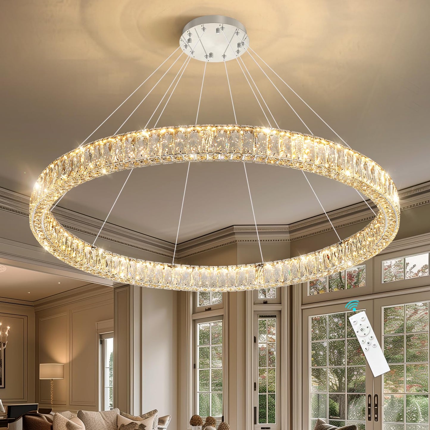 Modern Crystal Chandelier Dimmable LED Ring Pendant Lights Adjustable Glam Chandeliers Lighting Fixtures for Dining Room Living Room Bedroom Silver Light