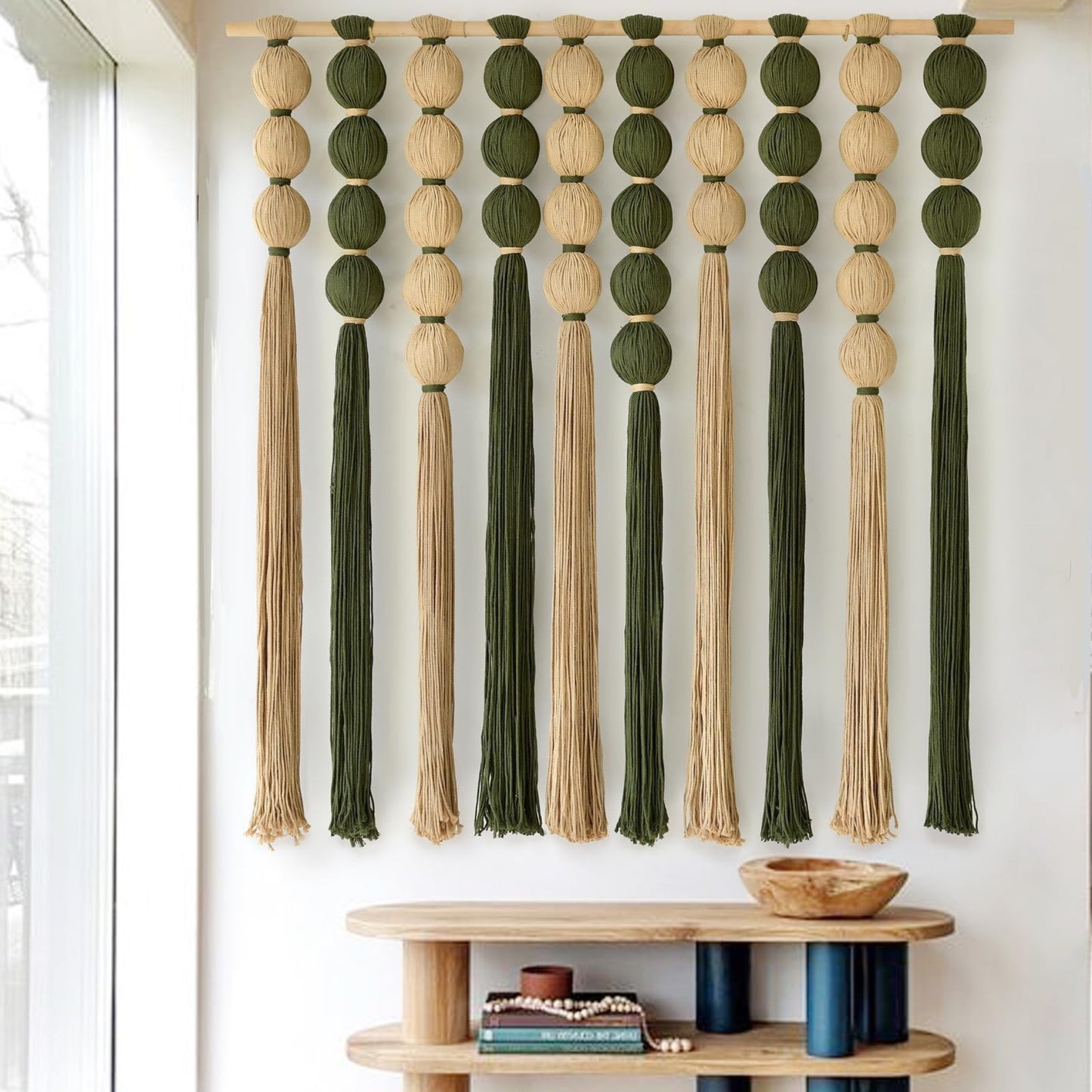 IOWER Macrame Wall Hanging Brown Yarn Beaded Backdrop Boho Wall Decor Round Tassel Home Wall Aesthetic Living Rooms Bedrooms Offices Geometric Art Chic Home Decor 39" W x 55" L