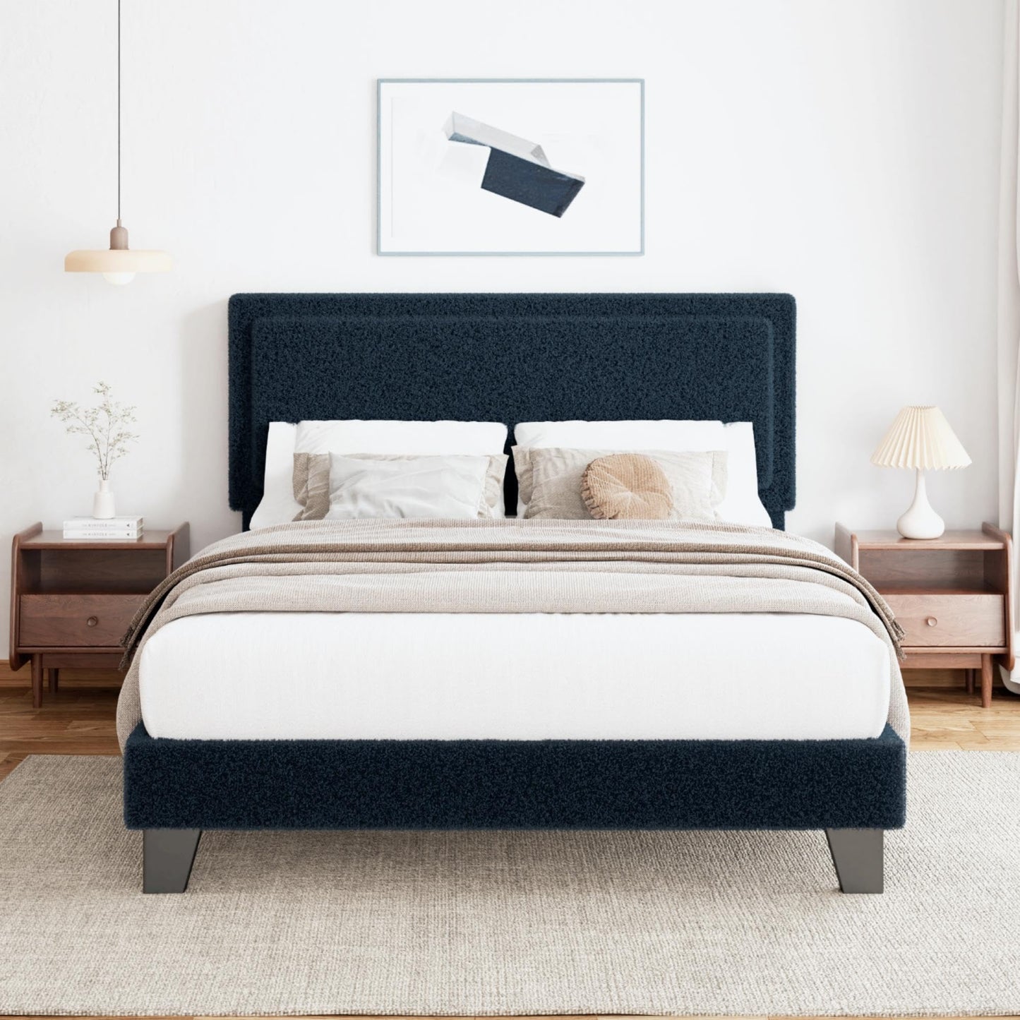 King Size Bed Frame and Headboard, Boucle Upholstered Platform Cloud Bed Frame with Headboard, Soft Teddy Fabric, Modern Style, No Box Spring Required, Easy Assembly, Blue-Black