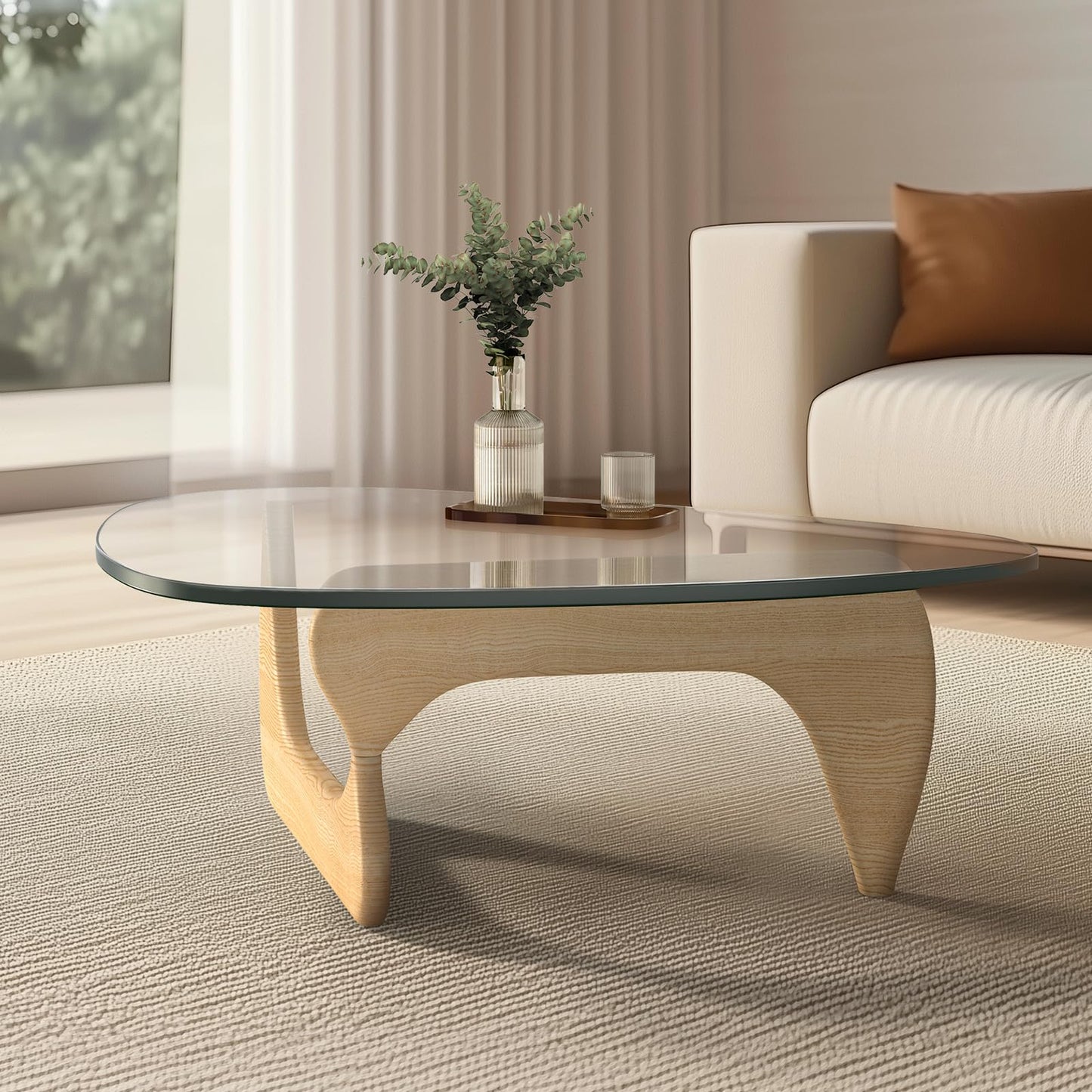 Noguchi Coffee Table – Mid-Century Modern Triangle Glass Coffee Table with Clear Tempered Top & Wood Base, End Table for Living Room Office Hotel Balcony, 50" W x 37.5" D