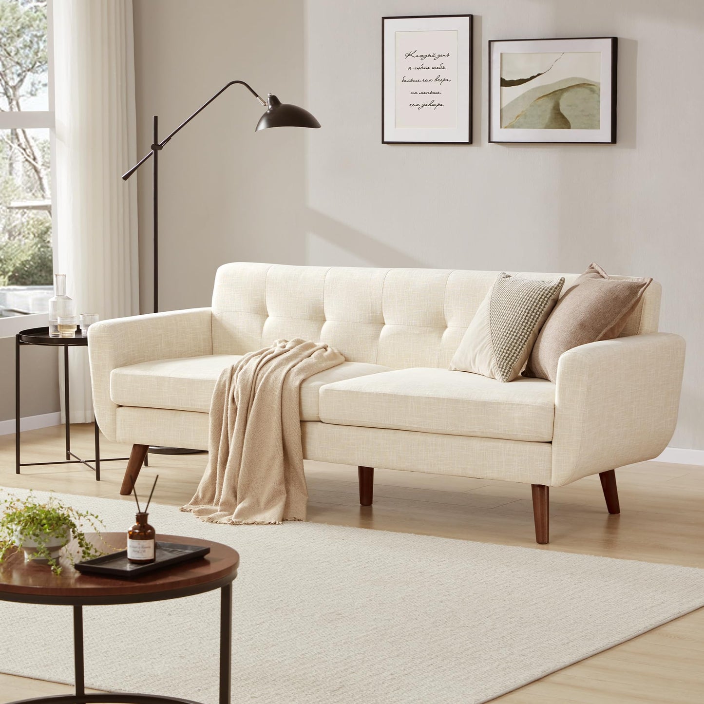 Tbfit 65" W Loveseat Sofa, Mid Century Modern Love Seat Couches for Living Room, Button Tufted Upholstered Small Couch for Bedroom, Solid and Easy to Install Love Seats Furniture, Grey