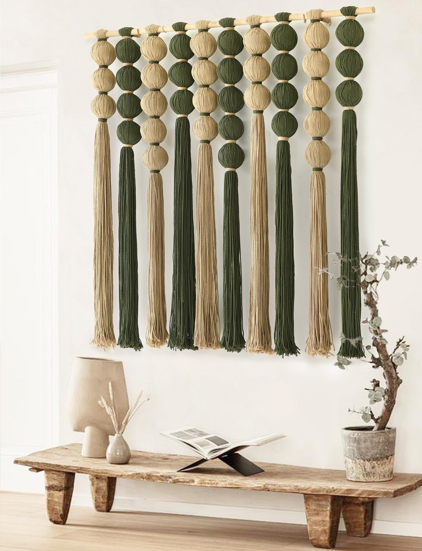IOWER Macrame Wall Hanging Brown Yarn Beaded Backdrop Boho Wall Decor Round Tassel Home Wall Aesthetic Living Rooms Bedrooms Offices Geometric Art Chic Home Decor 39" W x 55" L