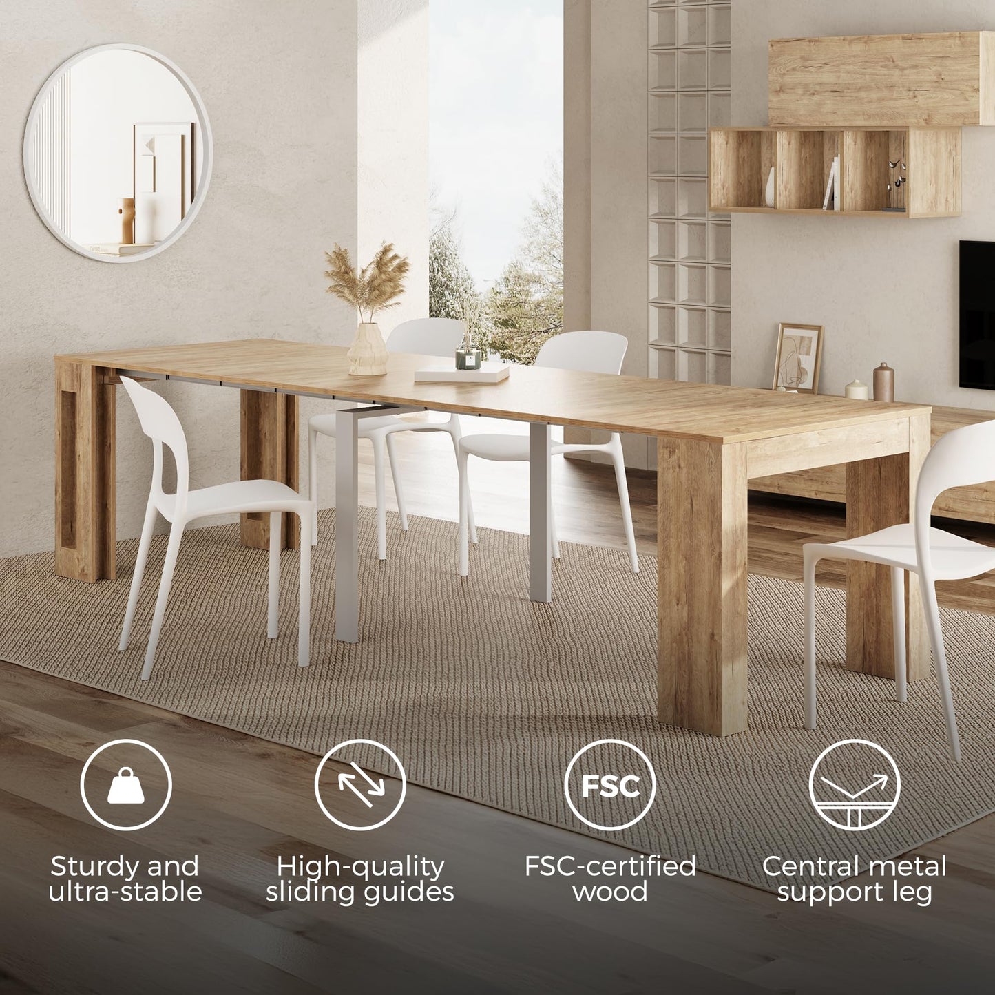 Mobili Fiver, Easy, Extendable Console Table with Extension Leaves Holder, 17.7(120.1) x35.4 in, Rustic Oak, for 4-12 People, Space Saving Dining Table for Entrance, Living Room, Italian Furniture