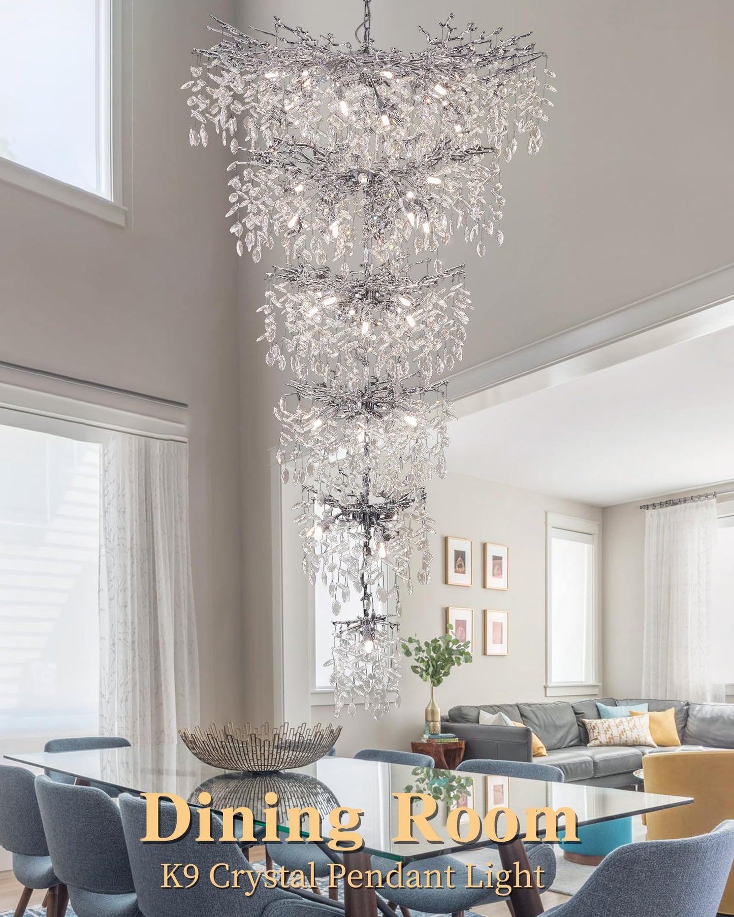 Modern Tree Branch Crystal Chandelier Luxury Silver Crystal Pendant Lighting 18" Contemporary 6-Light Chandeliers for Dining Room Kitchen Bedroom Living Room