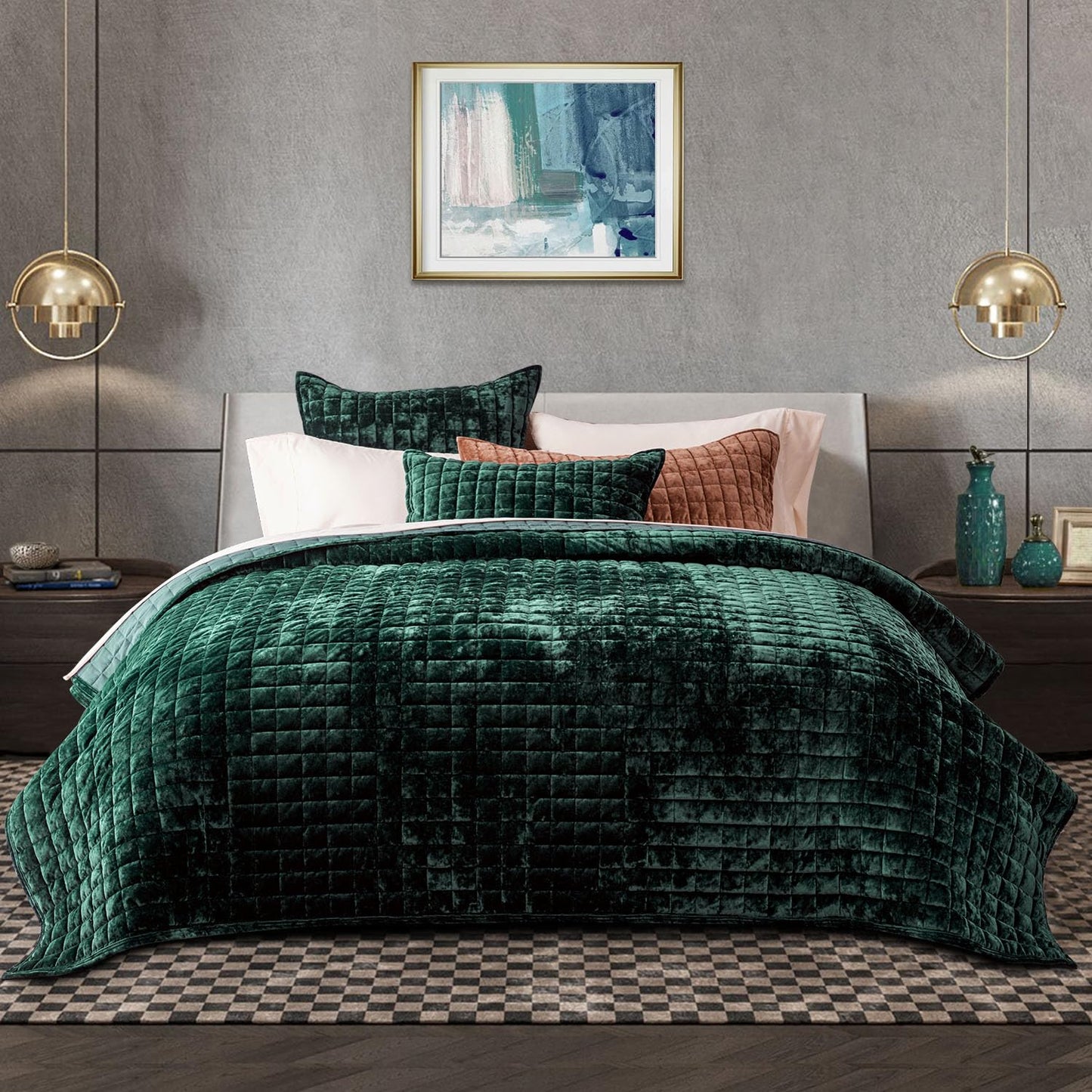 RECYCO Luxury Velvet Quilt Set King Size, Lightweight Velvet Comforter Set, Oversized Bedspread Coverlet Quilted Bedding Set, with 2 Matching Pillow Shams, for All Season, Navy Blue