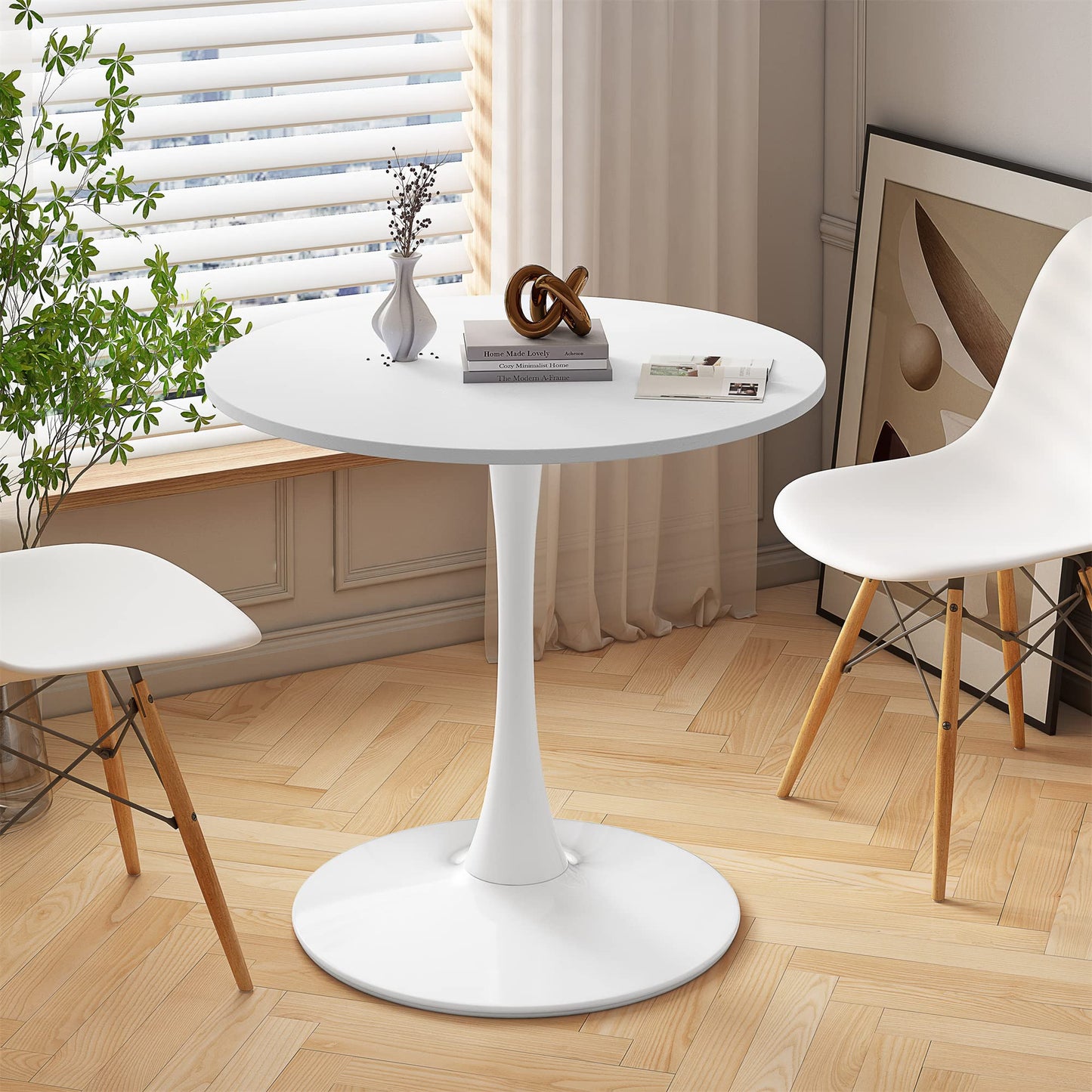 DKLGG 42" Modern Round Dining Table with MDF Top, Metal Base Pedestal Tulip Kitchen Table for 4-6 Person, Small Space Home, End Leisure Coffee Table, White