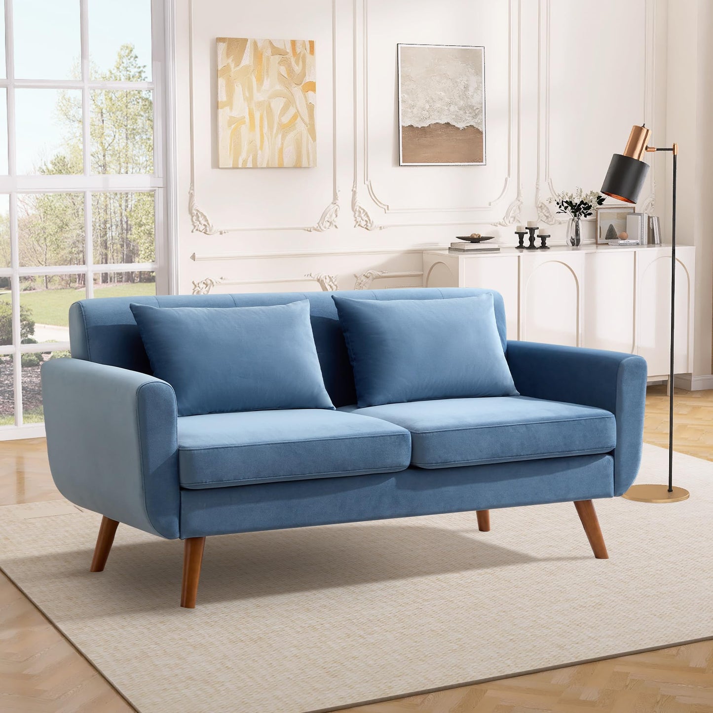 Tbfit 65" W Loveseat Sofa, Mid Century Modern Love Seat Couches for Living Room, Button Tufted Upholstered Small Couch for Bedroom, Solid and Easy to Install Love Seats Furniture, Grey