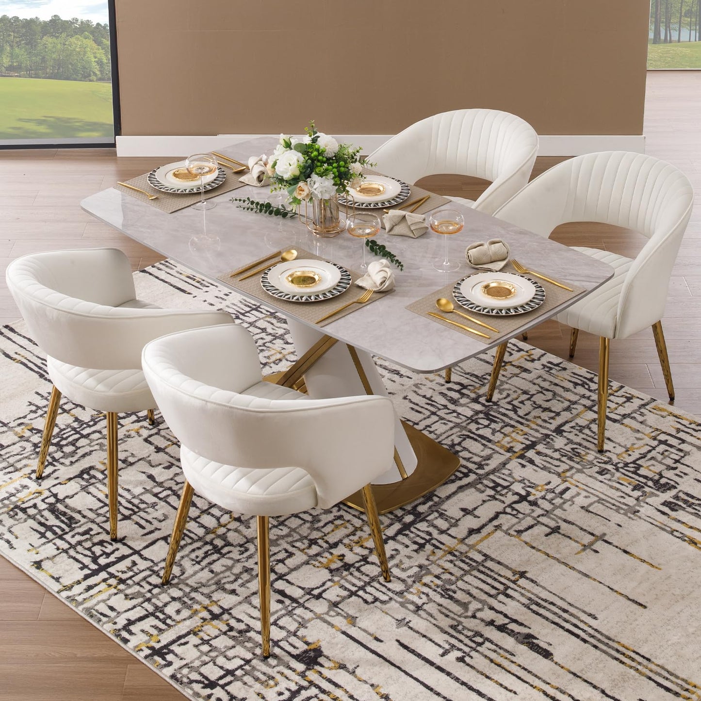 Modern Velvet Dining Chairs Set of 2, Upholstered Gold Dining Chairs with Hollow Back, Dining Room Chairs with Gold Legs, Accent Armrest Kitchen Chairs for Living Room Reception Teal Blue