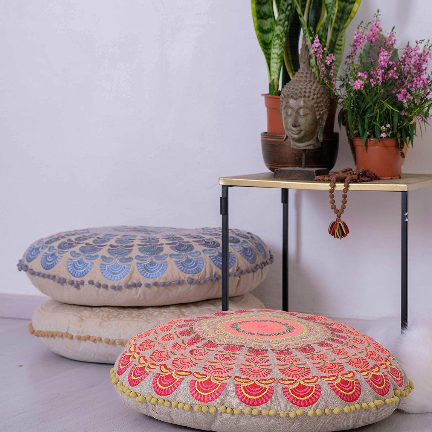 Large Round Floor Pillow Cover Blue Indian Décorative Accent Meditation Cushion Perfect for Living Room, Bedroom, Nursary or Children Room Seating Area Stool Footstool Pouf Ottoman 24x8 Unstuffed