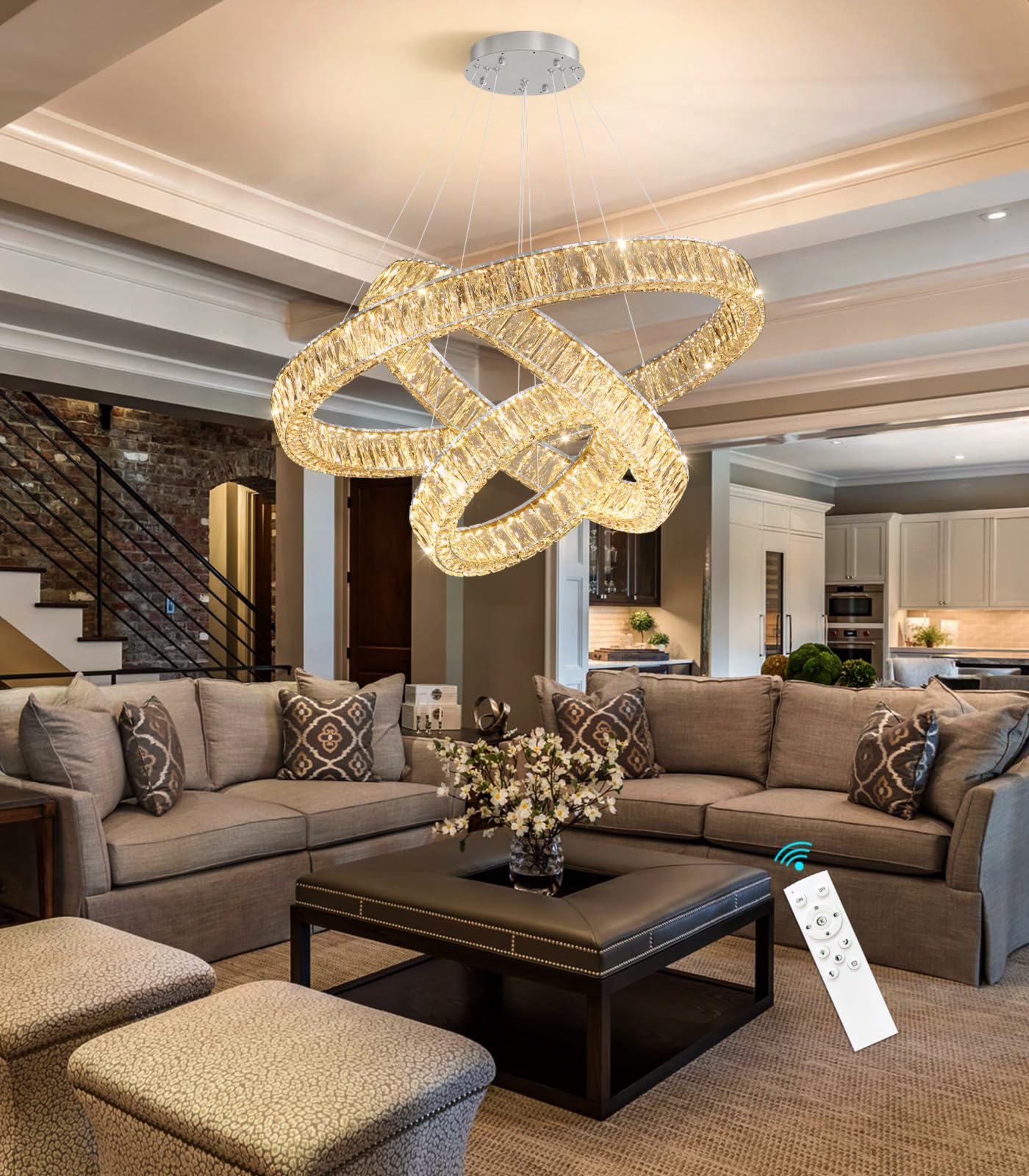 Modern Crystal Chandelier Dimmable LED Ring Pendant Lights Adjustable Glam Chandeliers Lighting Fixtures for Dining Room Living Room Bedroom Silver Light