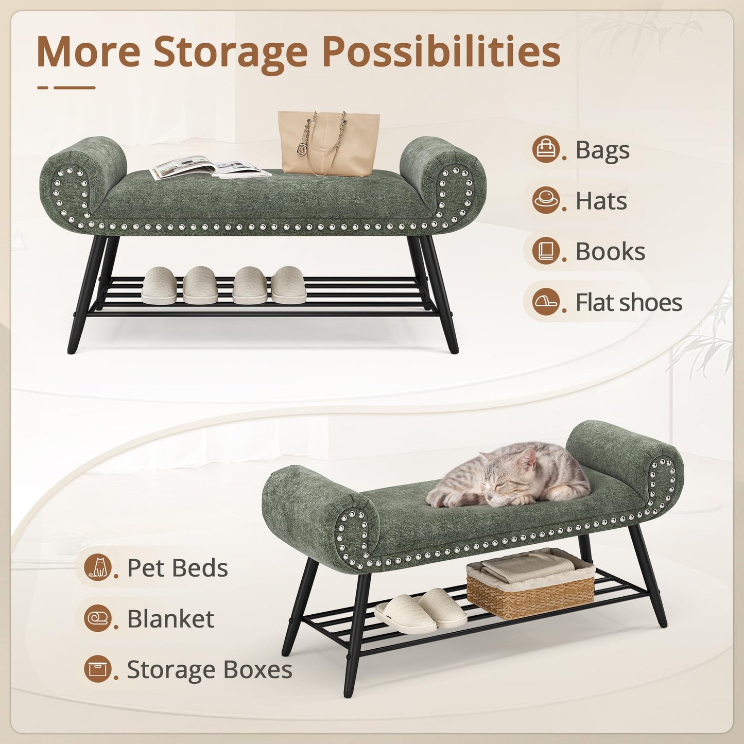 LUE BONA 45.3" End of Bed Bench, Modern Bedroom Leather Upholstered Shoe Benches, Ottoman with Stable Metal Frame and Solid Shelf for Bedroom, entryway, Living Room,Foyer, 330LB, Brown