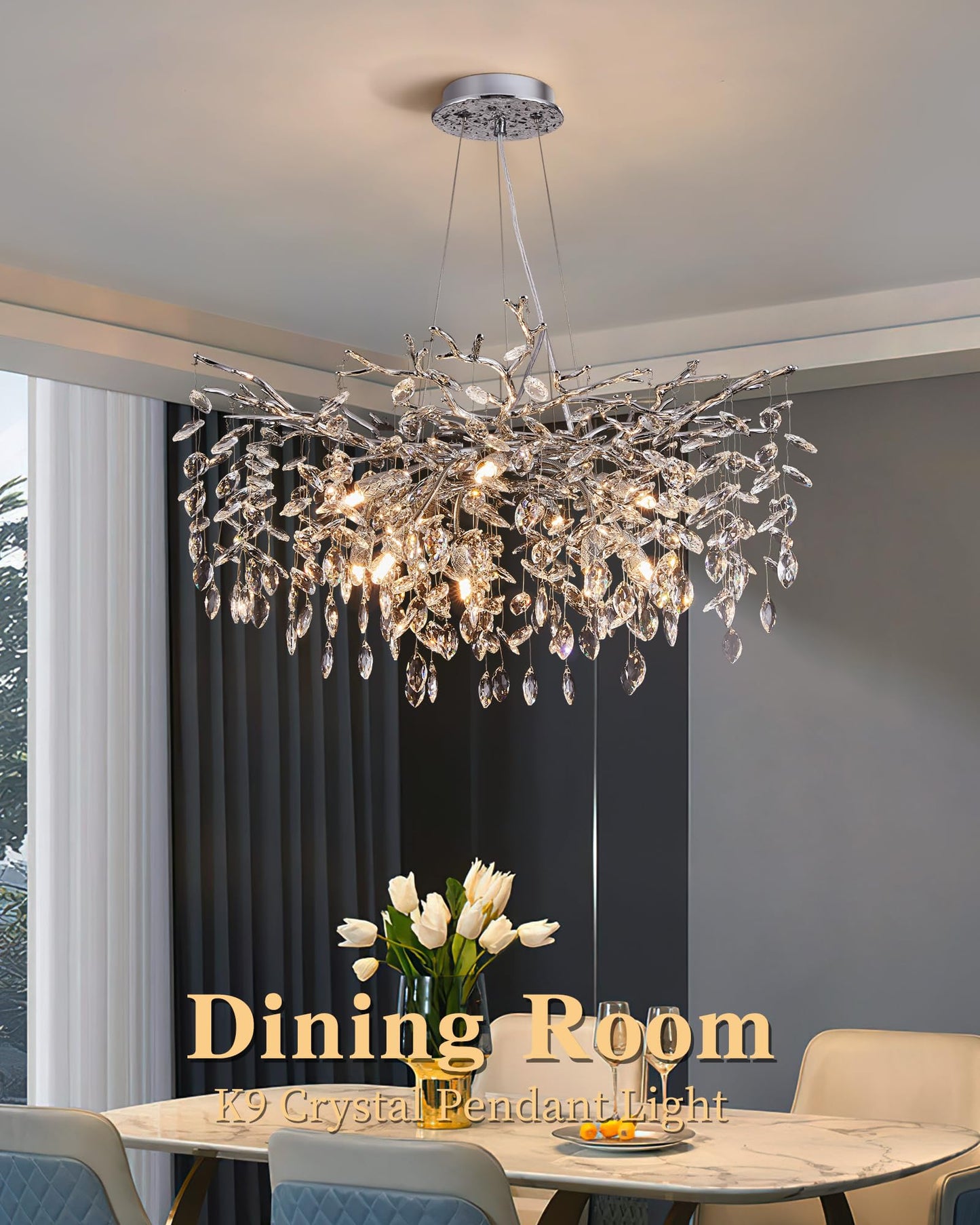 Modern Tree Branch Crystal Chandelier Luxury Silver Crystal Pendant Lighting 18" Contemporary 6-Light Chandeliers for Dining Room Kitchen Bedroom Living Room