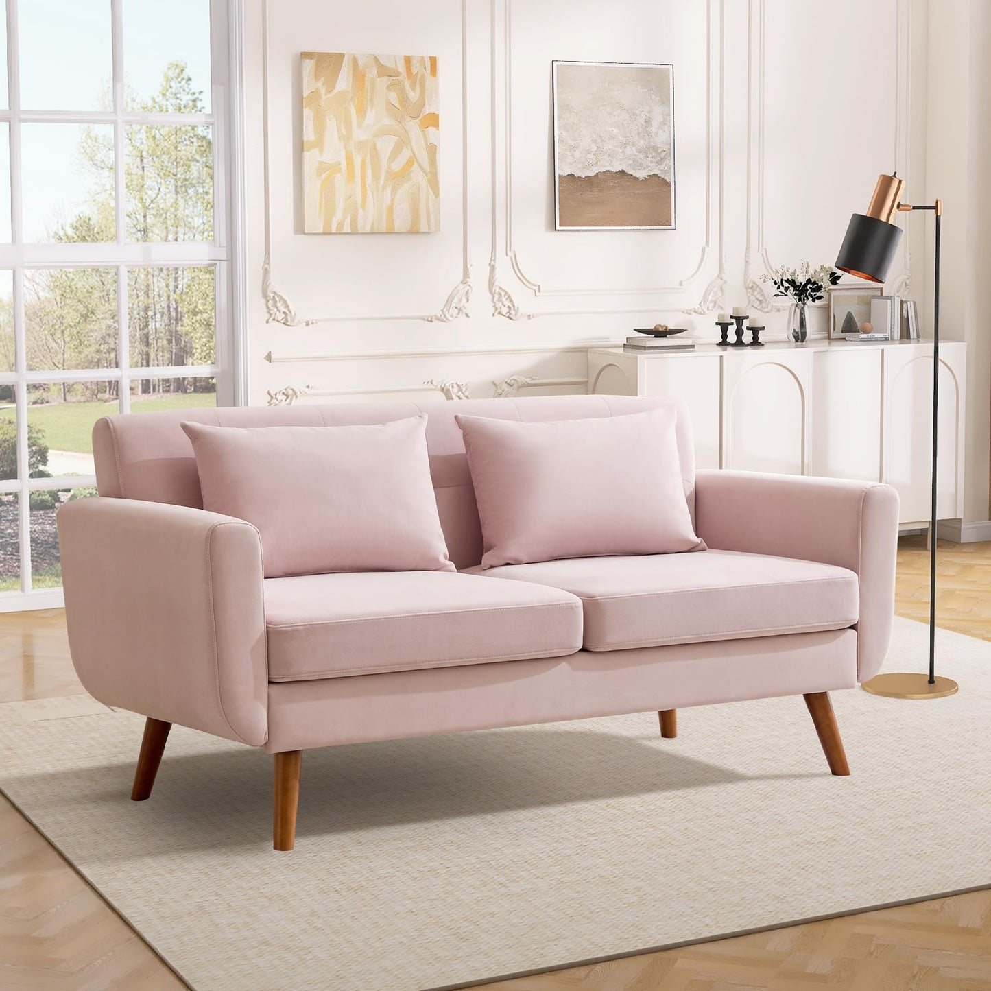 Tbfit 65" W Loveseat Sofa, Mid Century Modern Love Seat Couches for Living Room, Button Tufted Upholstered Small Couch for Bedroom, Solid and Easy to Install Love Seats Furniture, Grey