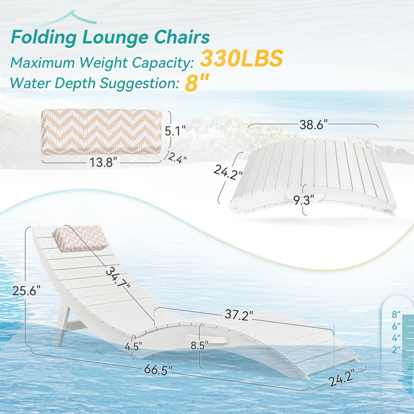 Folding Pool Lounge Chairs Set of 2, HDPS Anti-Floating Lounge Chairs for in-Pool Use, Chairs with Headrest for Hotel, Resort, Poolside, Beach & Sun Decks, Yellow