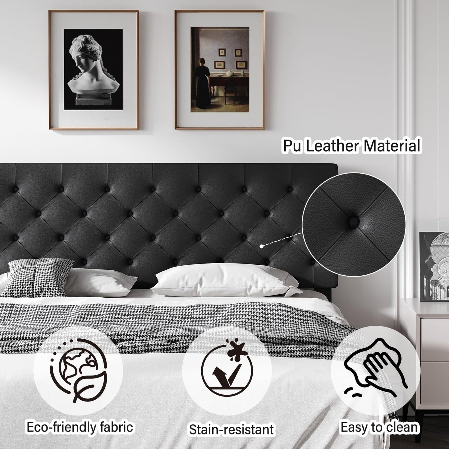Queen Bed Frame with Headboard, Faux Leather Upholstered Platform Bed Frame, Blue Bed Frame Queen Size, Wooden Slat Support, No Box Spring Needed, Navy Blue